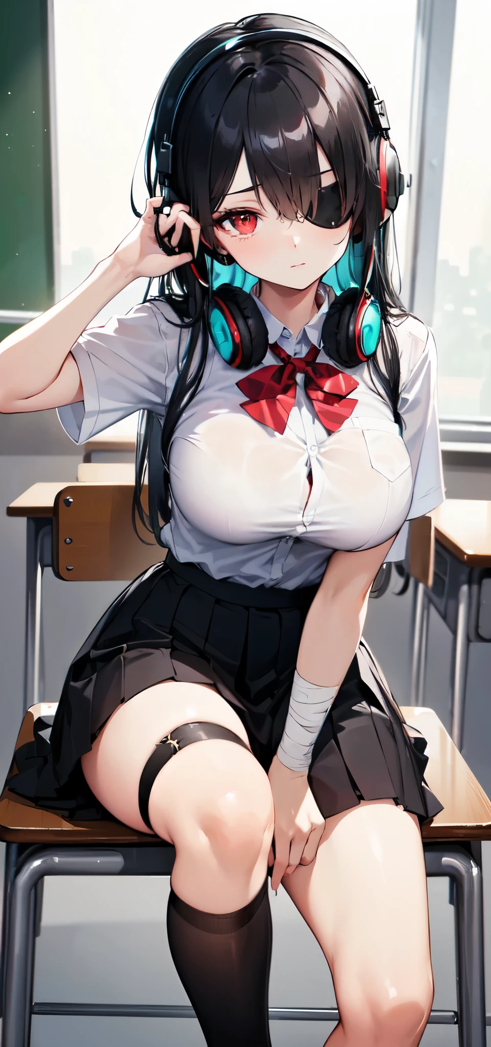 ((masterpiece, best quality)), High resolution, distinct image, (1girl), (solo), (female Focus), sitting on chair, (gotich style, black school uniform, eye patch, black bandage at arm, headphones, checking her cellphone), (long black hair), (hair over one eye), (red eyes), (eyelashes), (large breasts 1.4), classroom, school oficial art,