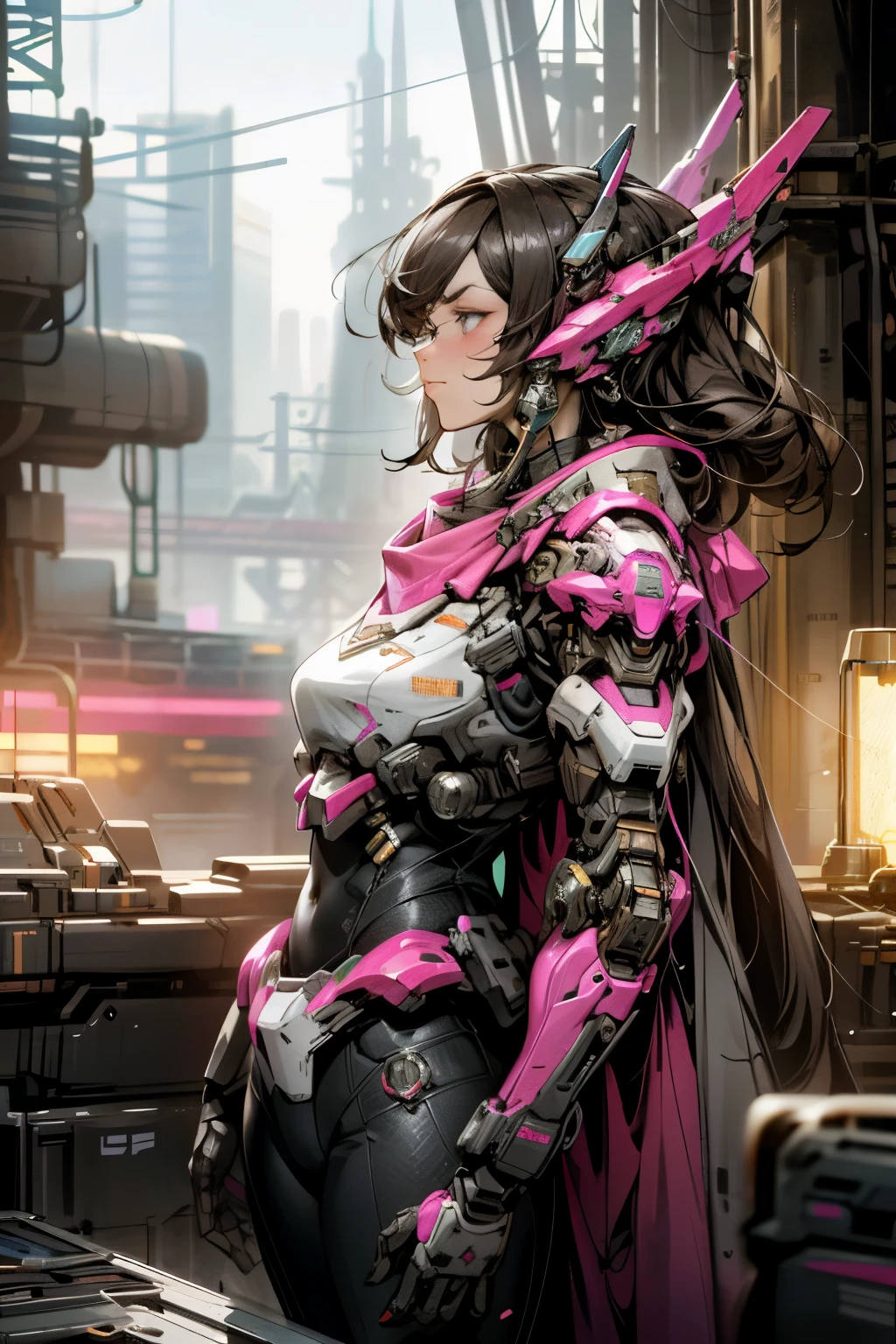 "Bold and empowering, the heroine from MechWarrior 5 captivates the scene in a futuristic outfit. The ensemble exhibits a chic blend of black and pink details, reflecting a striking contrast that resonates with dynamic energy. The hyper-realistic rendering accentuates every intricate detail, revealing the intricacy of the textures and the allure of the colors. As she stands amidst the backdrop of a sprawling cityscape, bathed in cinematic lighting, her mech towers over the cyberpunk architecture, emanating an undeniable aura of strength and resilience."

"Science Fiction, Cyberpunk