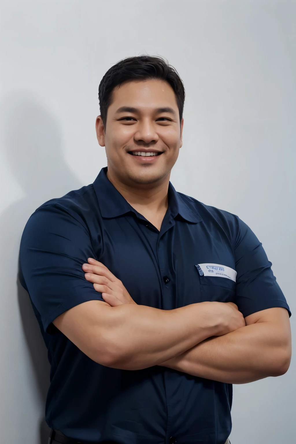 Upper body view of plumbing expert wearing dark blue work shirt with arms crossed forward smiling with bright smile, height 186cm, white wall background, advertising image, clean image, friendly image, commercial banner, corporate photo, Official image, kindness, The entire device, man, Age 42, Fatness, Baek Jong-won