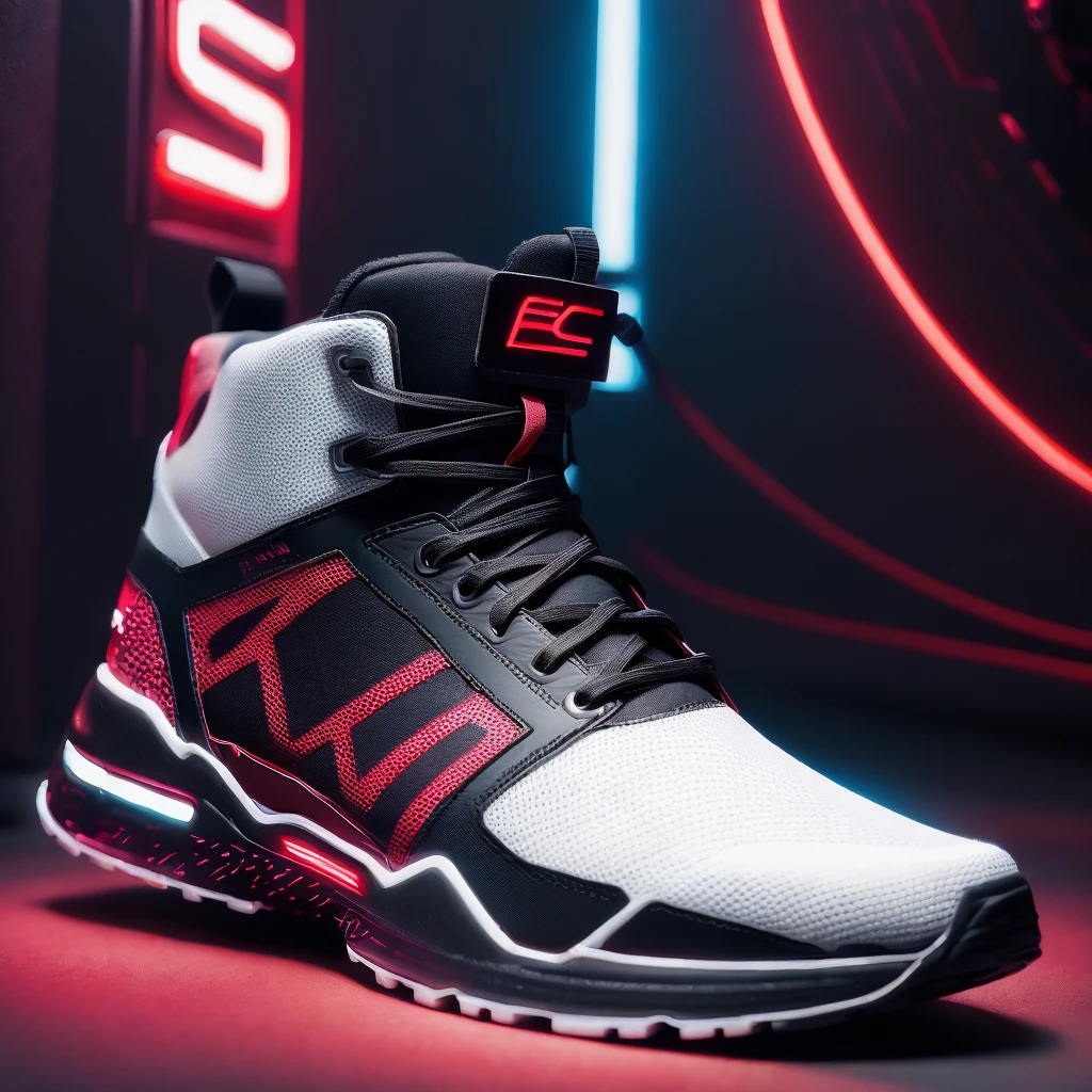(product photography of sneakers with unique creative design in cyberpunk style: red neon color patterns, black main color, white laces, sole with instep supports, polymer material), Epic render, octane number, atmosphere, particles, soft volumetric light, (with backlight:1.3), (Cinematic:1.3), complex parts, (art station:1.3), Promotional poster