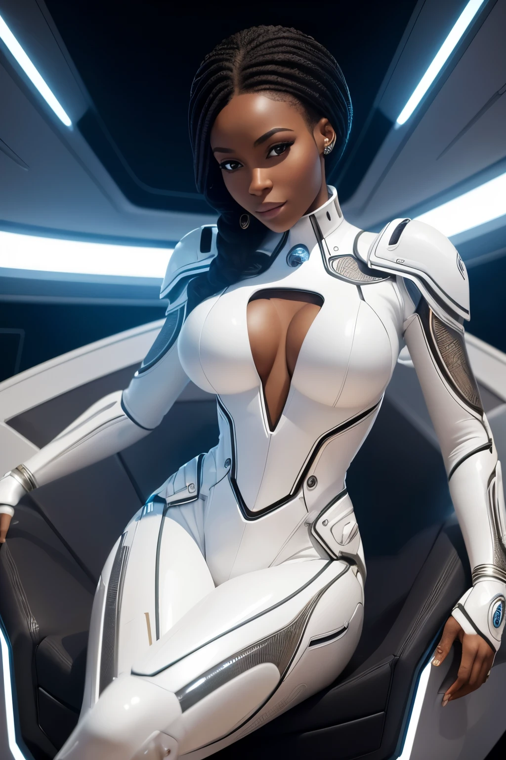 "Mbutheudesign" presents an image of a stunningly beautiful African woman, adorned in the most exquisite bodysuit money can buy. She sits in a room brimming with an abundance of pristine white and chrome trim furniture. Intricate robots patrol around the space, imbued with elements of retrofuturism and a futuristic allure. The woman's pose is calm and poised. Her features are sharp and emphasized with warm, high-quality lighting. The image is photographed using natural light and high contrast, resulting in an ultra-detailed, photorealistic presentation. With a resolution of 16K, every curve,