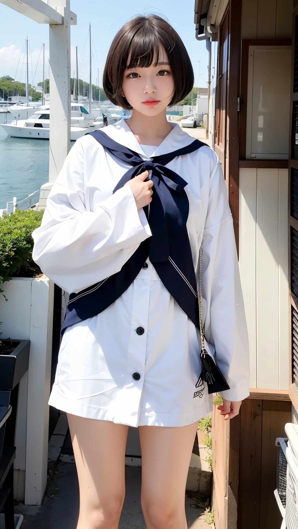 white sailor suit、handsome face、bob cut、Beautiful teenage girl、