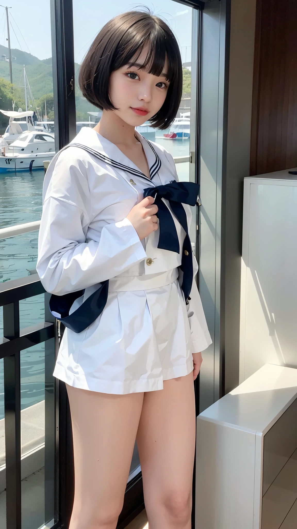 white sailor suit、handsome face、bob cut、Beautiful girl、
