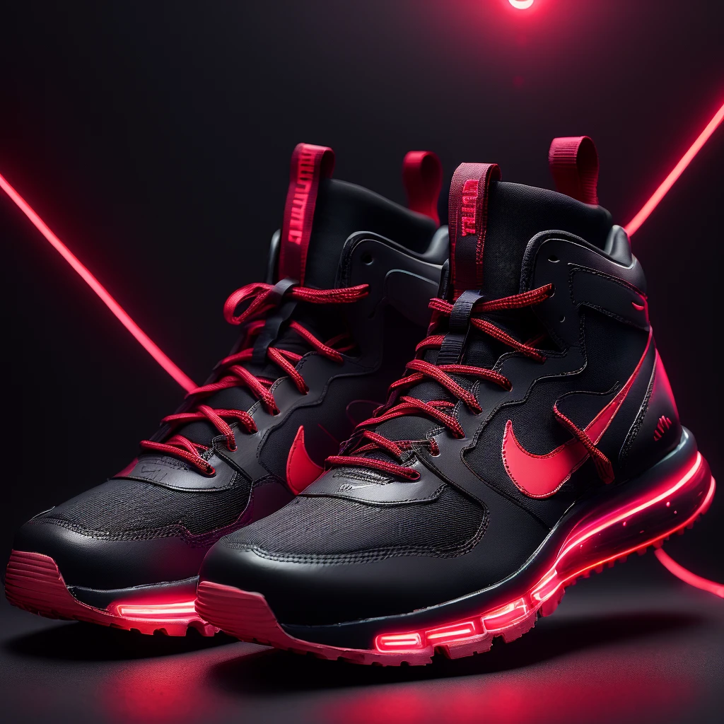 (product photography of sneakers with unique creative design in cyberpunk style: red neon color patterns, black main color, auto lacing, sole with instep supports, polymer material, Nike style), Epic render, octane number, atmosphere, particles, soft volumetric light, (with backlight:1.3), (Cinematic:1.3), complex parts, (art station:1.3), Promotional poster