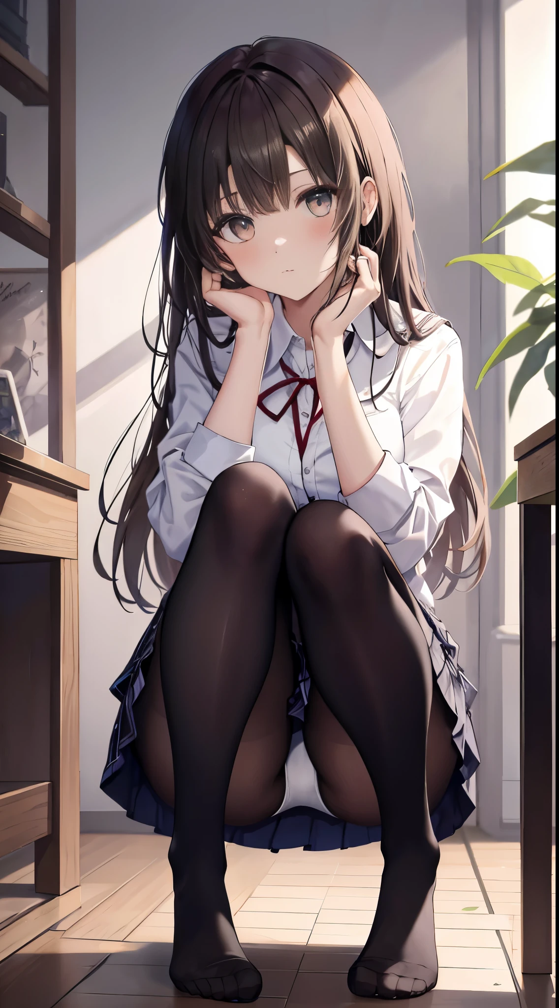 finest, masterpiece, High resolution, (Full-body view from head to toe), front, frontやや下からの構図, symmetry, 18 year old tall girl, alone, (whole body from head to toe), (small breasts), Unkempt brown hair, bangs, (black tights), (black pantyhose), (sit with legs spread), (squatting pose), (Composition showing white panties), (her legs spread、I can see white panties.), (I was made to sit on the floor with my legs spread apart.), (M-shaped legs), thin legs, A very beautiful and tall 18 year old girl, (not wearing shoes), blush, shy big eyes, looking at camera, blazer uniform, plaid pleated skirt