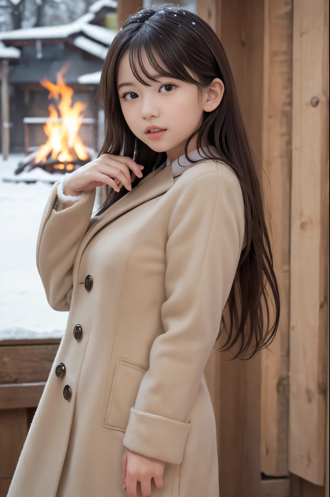 (8k, RAW photo, best quality, masterpiece:1.3), (realistic, photo-realistic:1.4), (extremely detailed 8k wallpaper), sharp focus, depth of field,
Japanese idol,extremely cute,10 years old ,(coat: 1.3),(long hair and straight hair :1.3 ), upper half of the body, extremely detailed face and eyes,(shiny skin:1.2),cinematic lighting, soft light, blur background, bokeh , (model pose :1.3), (a cafe in the winter with snow falling outside and a warm fire inside)