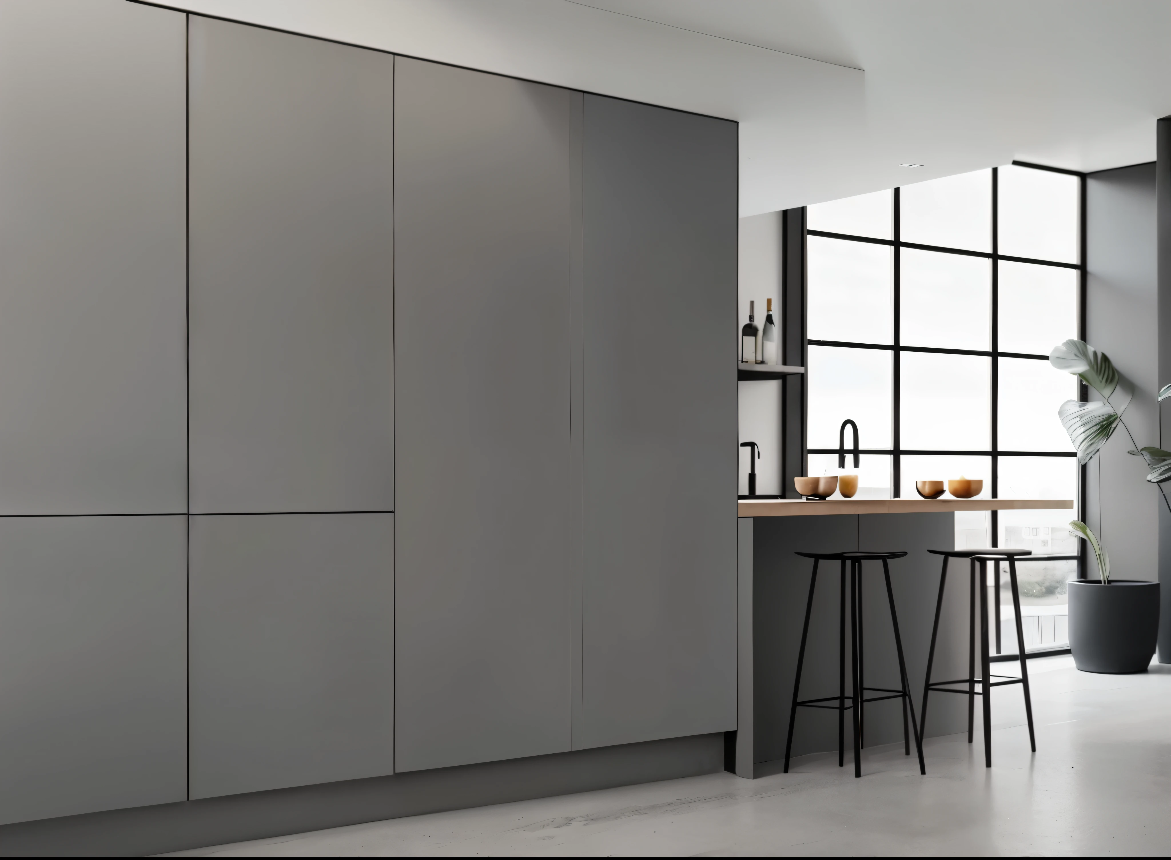 There is a kitchen with a bar and large windows, minimal kitchen, flat gray color, minimally modern, pure gray, anthracite, flat gray, 优雅的Minimalism, Modern and simple f 2 0, Modern and simple, gunmetal gray, modern look, Clear and smooth lines, artistic interpretation, simple clean lines, Minimalism, pure gray, landscape vista