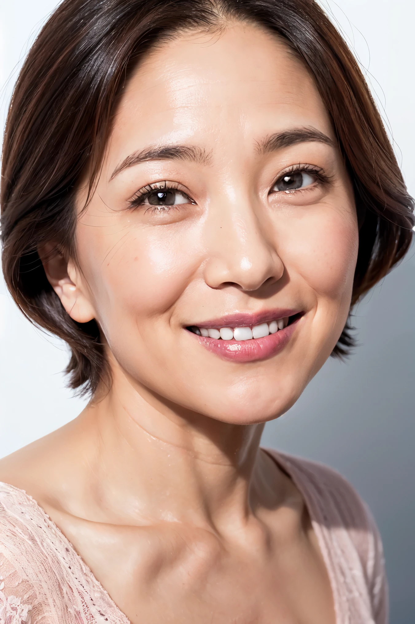 Shadows under the eyes,mole,Wrinkles around the eyes,Light from the front,((Angle from the front)),face is front,body facing forward,Wrinkles around the eyes,wrinkles around the mouth,85 years old,Japanese,Beautiful woman,smile,Plain T-shirt,simple background