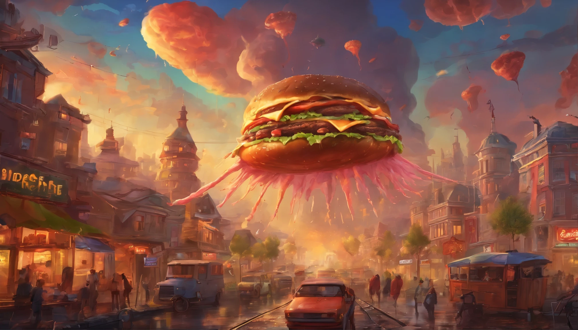 (Giant hamburger building, A hamburger monster that wreaks havoc on the human city), oil, Bright colors, realistic lighting, High resolution, super detailed, Vivid cityscape, Towering hamburger-shaped skyscraper, Burger-themed landmarks, Chaotic scene, Frightened person々runs around the streets, A look of horror, crumbling building, Ketchup and mustard-colored clouds, Pickles and lettuce falling from the sky, Sesame rain, Tornado with mayonnaise and cheese, Giant hamburger claws destroying cars, Mayhem and destruction, Excessive toppings and cheese melting on the street, Giant hamburger monster with giant lettuce tentacles and tomato eyes, An appetizing aroma wafts through the air, Hamburger-loving citizens are trying to find shelter, The city has turned into a hamburger paradise, French fries as a building, A river of soda flowing through the streets, And hamburger patties as a road, An extraordinary blend of fast food and urban architecture.