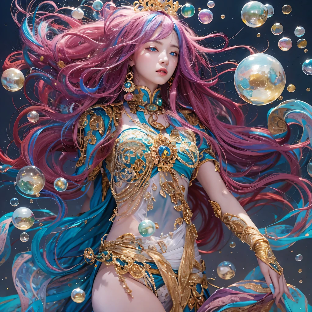blue,blue,enamel,agate,A flesh-colored world,Blood Blue Maiden 32k(masterpiece,HD,Aoyama Pond,超HD,32k)长长的飘逸亮blue头发,blood pool,Ziddink, a color,grumpy (After greeting), (Linen scarf), fighting stance, looking at the ground, long white hair, 漂浮的亮blue, Fire cloud gold headdress, Chinese long-sleeved gold silk burgundy garment, (Abstract metaverse splash:1.2), White background,Peony flower vitality protector(realistically:1.4),bright purple hair,Smoke on the road,The background is very pure, high resolution, detail, RAW photos, Sharp Re, Nikon D850 film photo by Jefferies Lee 4 Kodak Portra 400 camera F1.6 guns, colorful, Ultra-realistic and vivid textures, dramatic lighting, Unreal Engine Art Station Trend, Sinest 800,一个有着长长的飘逸亮blue头发的女孩,huge colorful bubbles