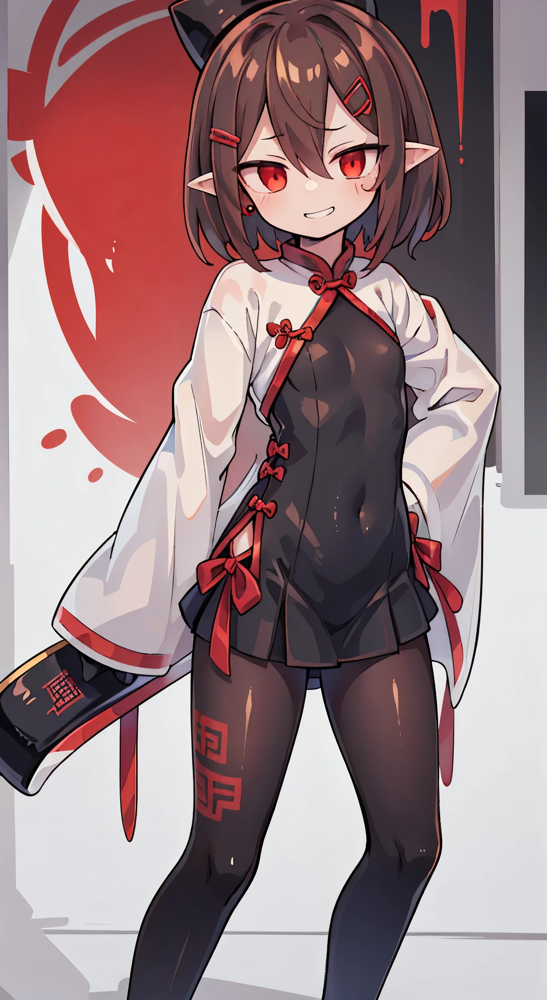 (masterpiece, sidelighting, finely detailed red eyes: 1.2), ((best quality)), ((masterpiece)), (highly detailed:1.3), anime, young girl, childish body, open coat with long sleeves, black tight-fitting bodysuit, (cheongsam), black and red gloves, pale skin, (shadowed eyes, darkened eyes), (smirk, mischevious grin), pointy ears, (short-medium hair, brown hair, messy haircut, hair between eyes, hairclips on left side), ((red stripped tights with black patterns)), (jiangshi shoes), earrings, red tatto on left hand, hands behind back, scar on left hip, solo, 1girl, walking down the street,