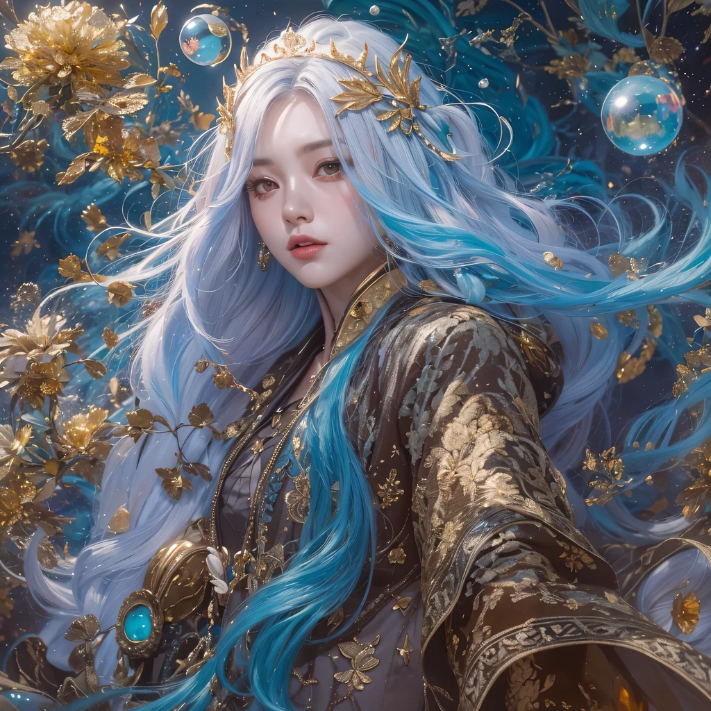 blue,blue,enamel,agate,A flesh-colored world,Blood Blue Maiden 32k(masterpiece,HD,Aoyama Pond,超HD,32k)长长的飘逸亮blue头发,blood pool,Ziddink, a color,grumpy (After greeting), (Linen scarf), fighting stance, looking at the ground, long white hair, 漂浮的亮blue, Fire cloud gold headdress, Chinese long-sleeved gold silk burgundy garment, (Abstract metaverse splash:1.2), White background,Peony flower vitality protector(realistically:1.4),bright purple hair,Smoke on the road,The background is very pure, high resolution, detail, RAW photos, Sharp Re, Nikon D850 film photo by Jefferies Lee 4 Kodak Portra 400 camera F1.6 guns, colorful, Ultra-realistic and vivid textures, dramatic lighting, Unreal Engine Art Station Trend, Sinest 800,一个有着长长的飘逸亮blue头发的女孩,huge colorful bubbles
