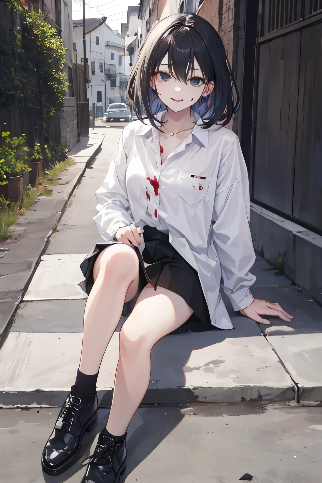 young woman looks , camisa blanca, cobarta negra, una falda y zapatos negros con un cuchillo en las manos que en un callejon sin salida de noche sonriente manchada de sangre y cuerpos de hombres de alrededor.