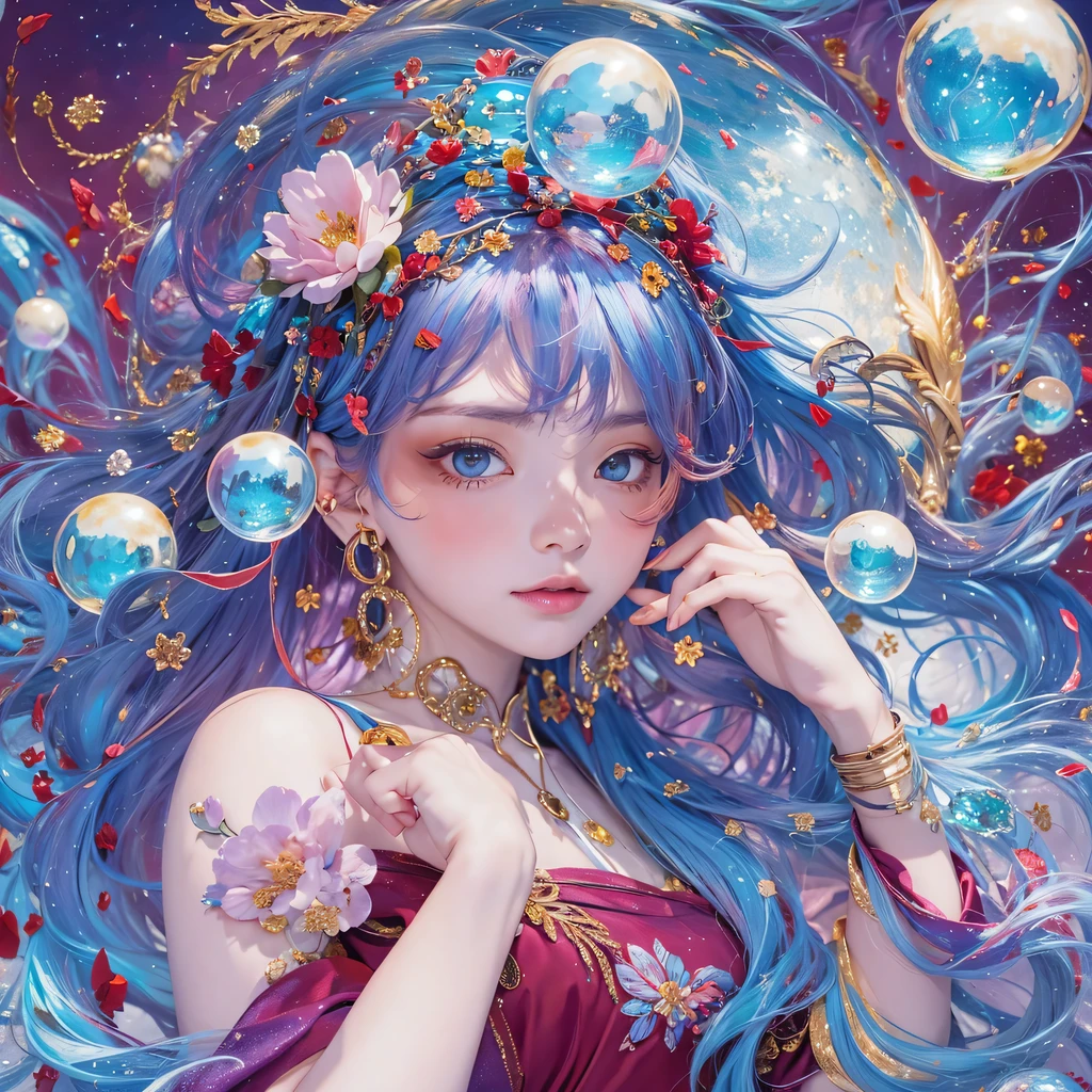 The upper part of the body、one girls、I have dark blue hair color、Two-tone、(Pink Highlight Hair、curlyhair/floral hair band、very Bigger breasts、Lace Bikini(sparkling jewel design)Countless glowing spheres float、Glowing soap bubbles、shining chandelier、under the water、Glowing jellyfish