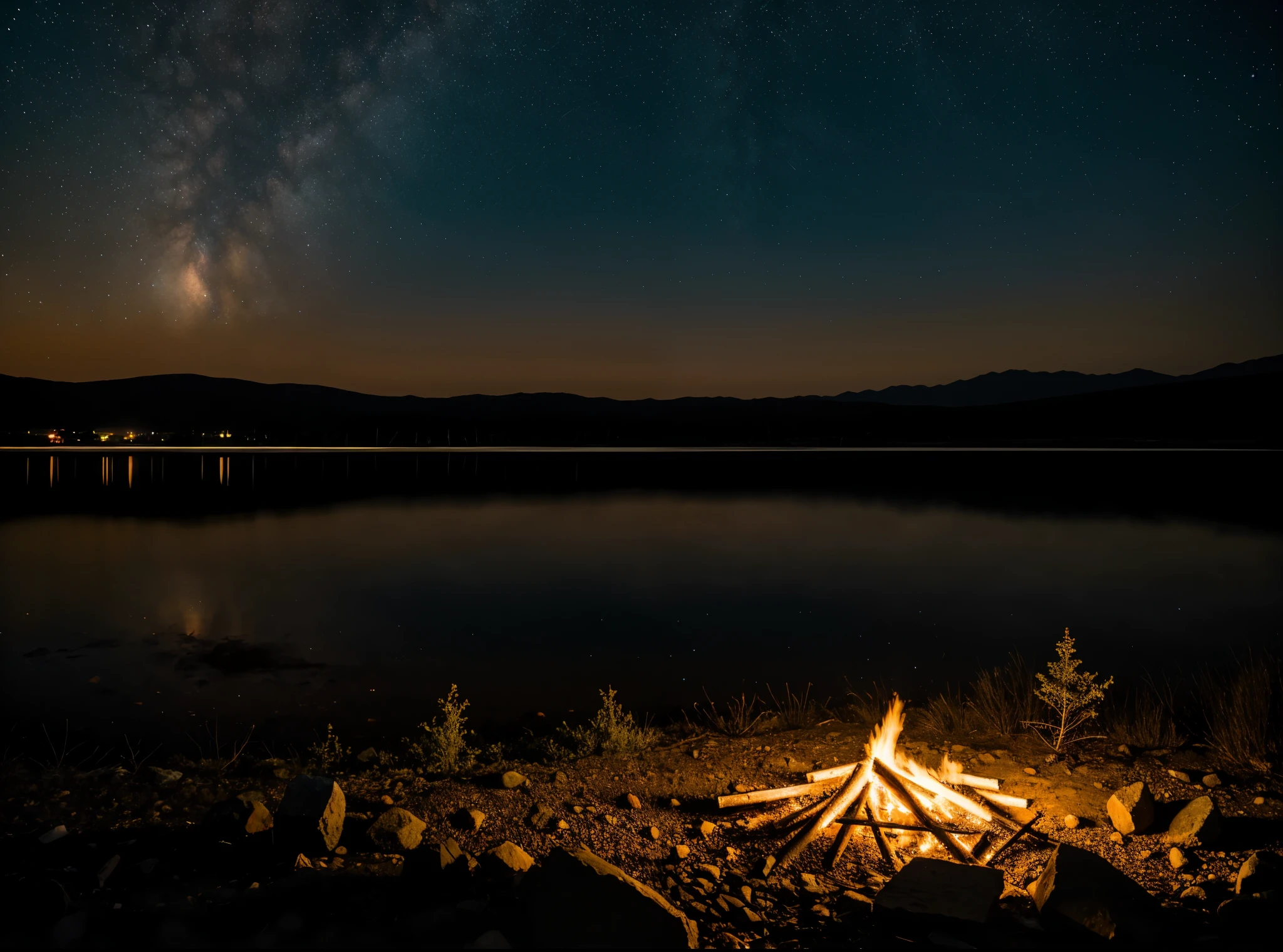 only one Bonfire, Dark Evening, land scape ,small fire camp ,lake is behind, the sky is full of stars