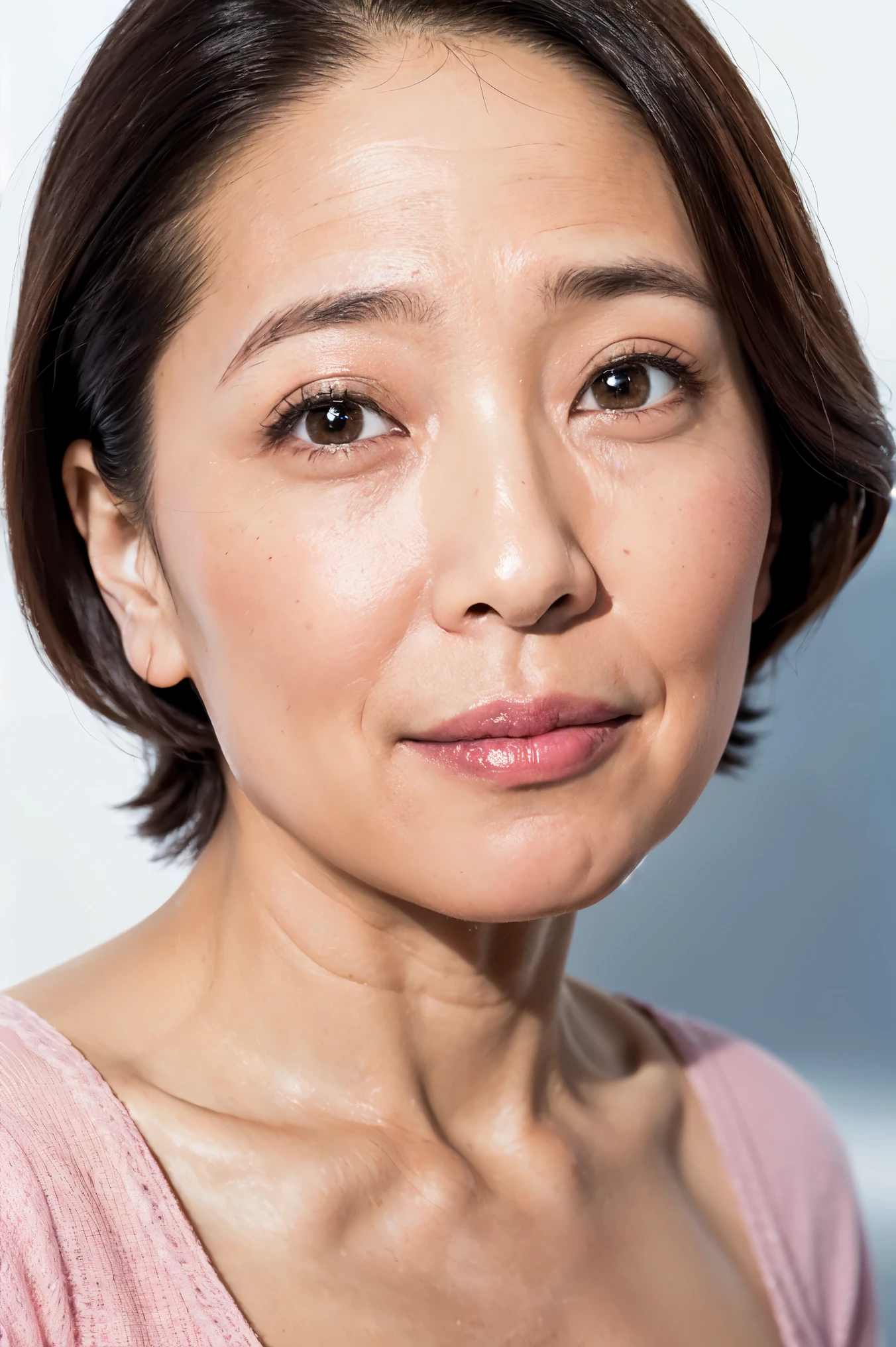 ((Show me your nipples))Realistic, Sharp focus, High resolution, High resolution, ((Portrait Photography, alone、Japanese, :1.3)), She is standing、、Age: 50、Dark skin、She is completely naked、Chubby、White wall、Shaggy hair、Show me your forehead、Straight Hair