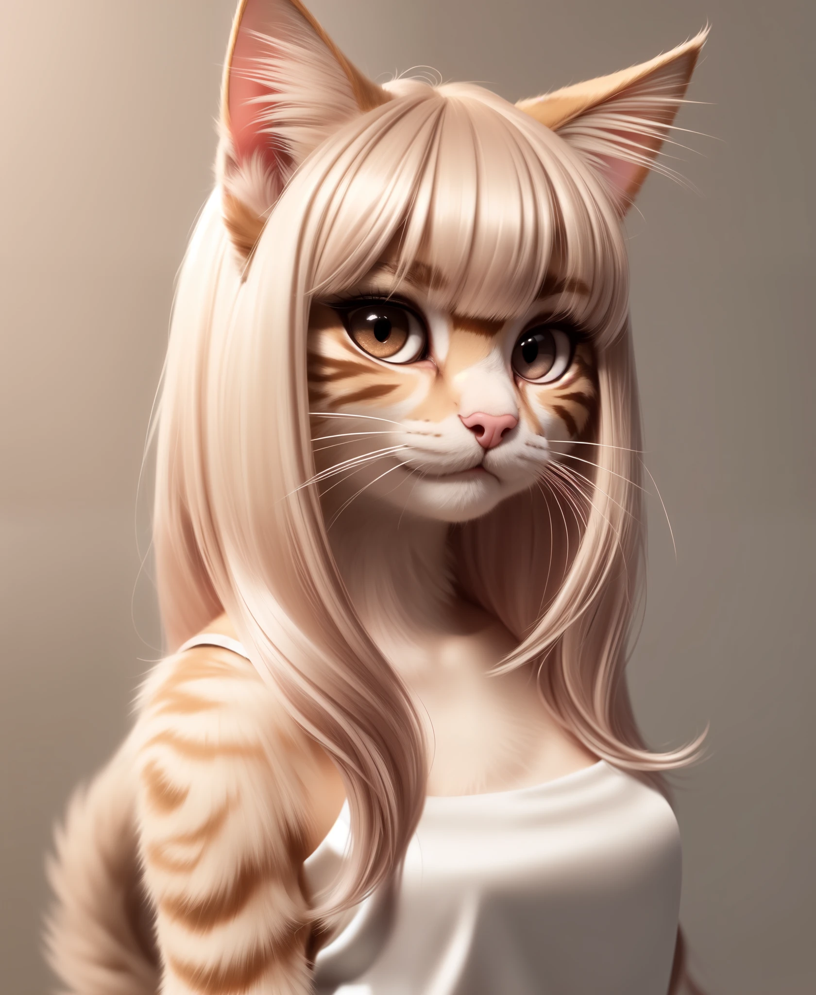 (1girl, solo), (masterpiece, best quality, ultra-detailed), (full body) (simple background, natural lighting, intricate details), (humanoid face, cute female anthro cat, (detailed silky cat fur:1.2), (cat fur), cat ears and pink nose), (platinum blonde colored hair, bangs hair, detailed humanoid glossy brown eyes, full lashes, thick eyebrows),