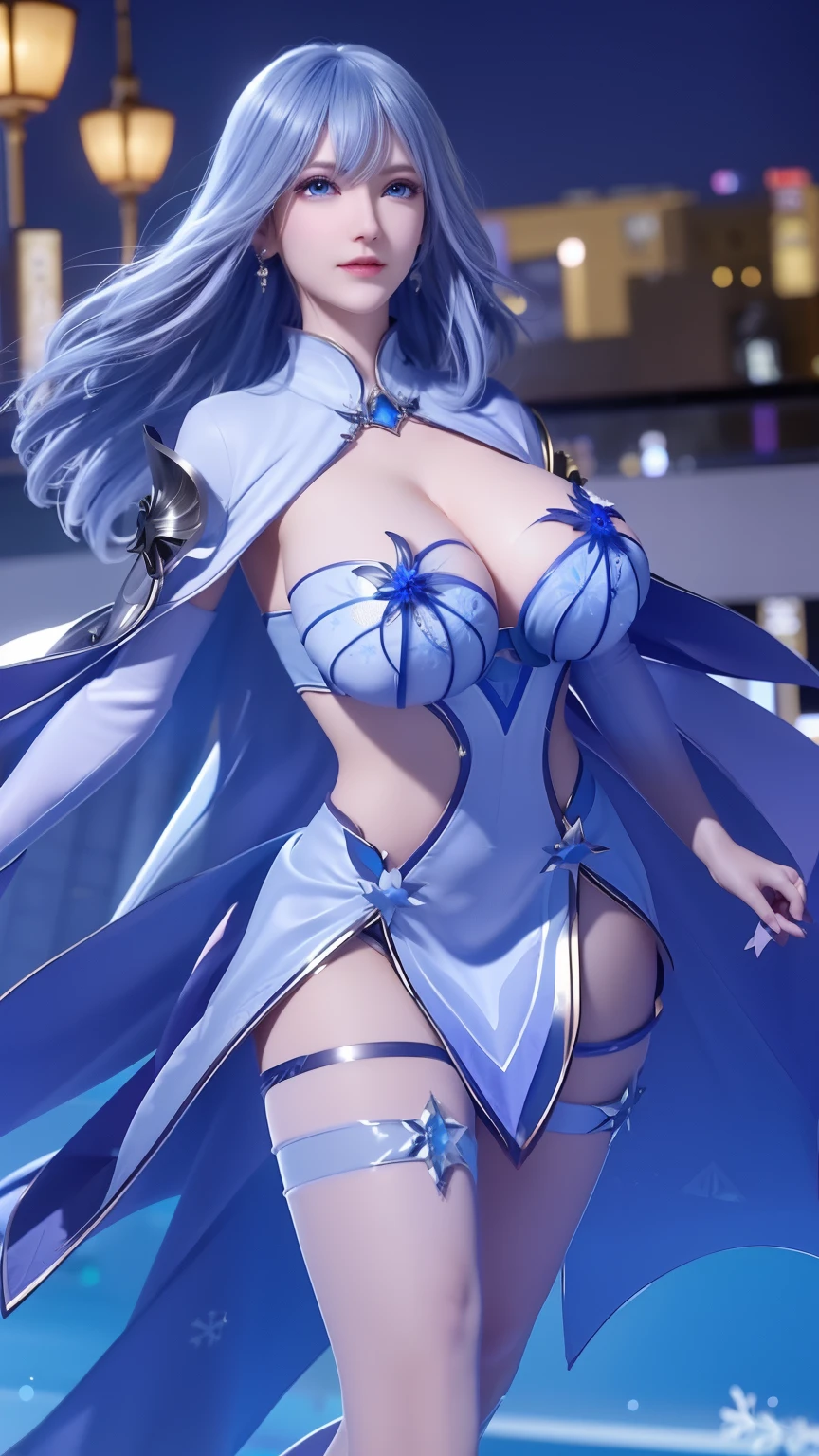 1 girl,aldult, cityscape, night,looking at the audience, blue eyes,short skirt,Medium-long gray hair, blue hair,cape, white pantyhose,snowflake, flowery, jewelry, gem,shining, thigh strap,huge 、huge breasts，4K screen，Dance，exposing her breasts、breasts on display，huge胸部，huge乳房，Show breasts，Show breasts，exposing her chest，，exposing her breasts、breasts on display，huge胸部，huge乳房，Show breasts，Show breasts，exposing her chest，，exposing her breasts、breasts on display，huge胸部，huge乳房，Show breasts，Show breasts，exposing her chest，，exposing her breasts、breasts on display，huge胸部，huge乳房，Show breasts，Show breasts，exposing her chest，