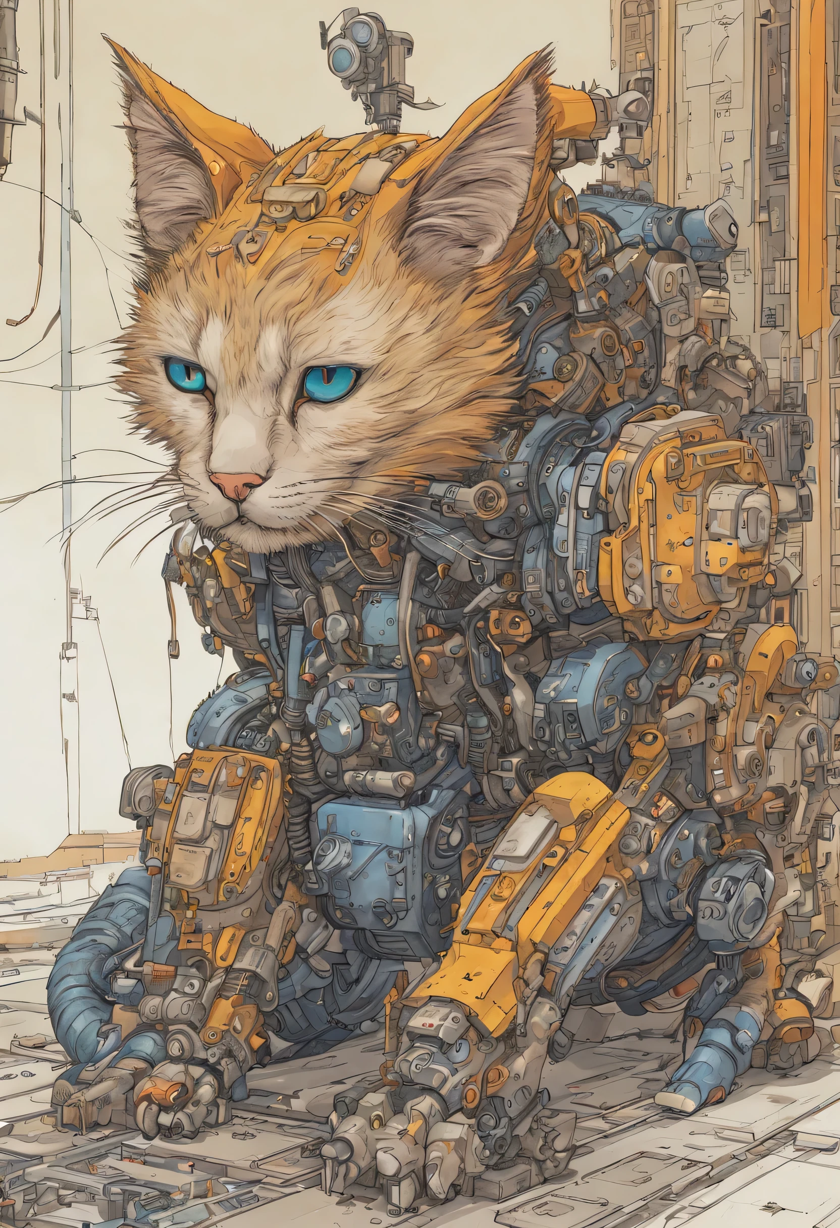 ((alta qualidade)) very furry mystical cyberpunk cat with very detailed mecha parts and moebius detailed mecha parts (Jean Giraud) estilo