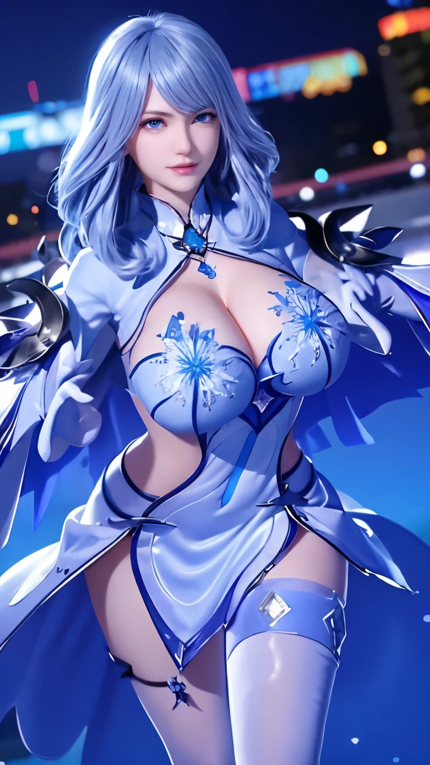 1 girl,aldult, cityscape, night,looking at the audience, blue eyes,short skirt,Medium-long gray hair, blue hair,cape, white pantyhose,snowflake, flowery, jewelry, gem,shining, thigh strap,huge 、huge breasts，4K screen，Dance，exposing her breasts、breasts on display，huge胸部，huge乳房，Show breasts，exposing her chest，huge乳房，Show breasts，exposing her chest，huge胸部，huge胸部，Show breasts，huge胸部，Show breasts，