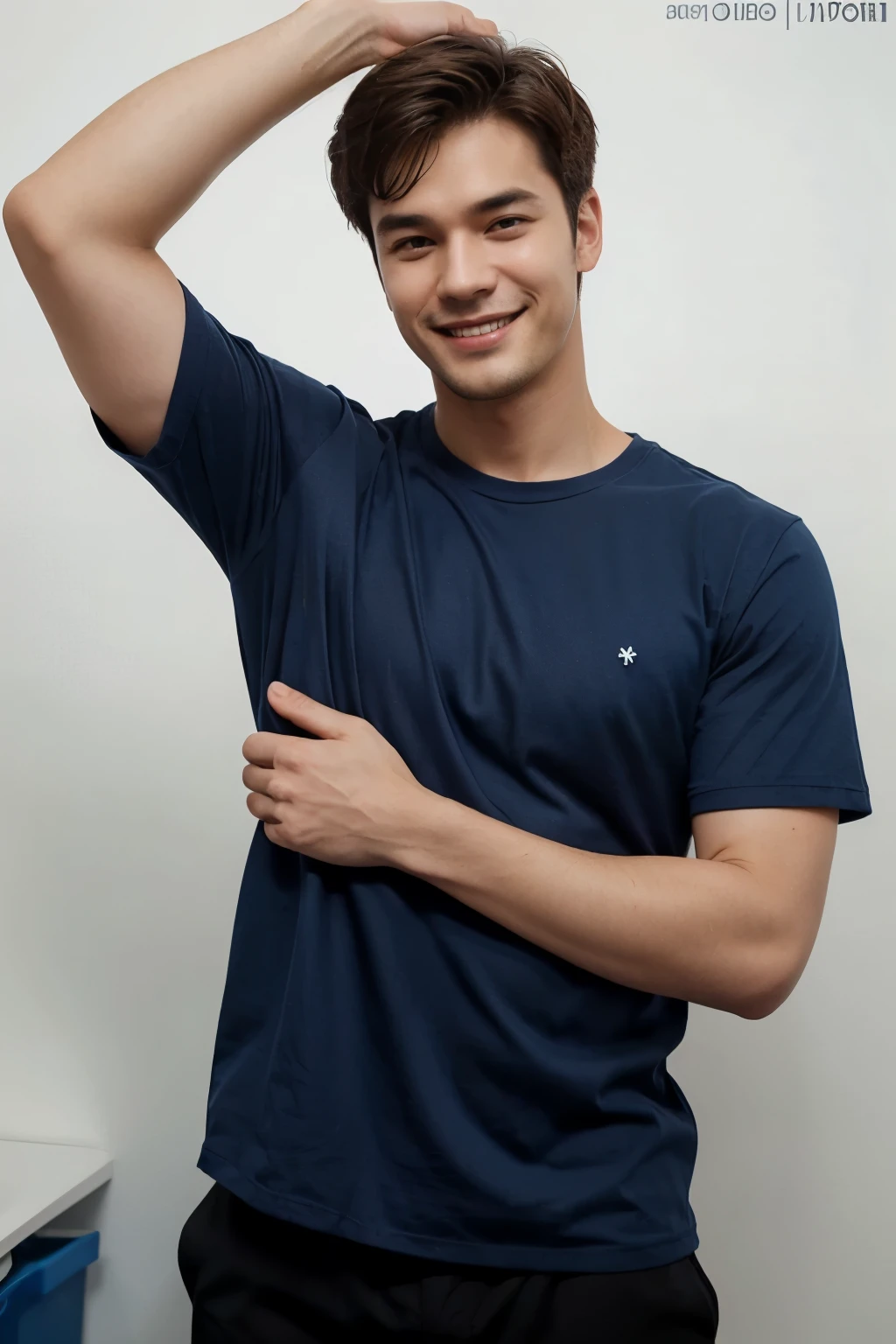 Upper body view of plumbing expert wearing dark solid blue work shirt with arms crossed forward, smiling with bright smile, height 178cm, white wall background, advertising image, clean image, friendly image, commercial banner, corporate photo, Official image, kindness, The entire device, man, age 30, Weight 55kg, Actor Lee Jong-seok, Femininity, shy smile, pale skin
