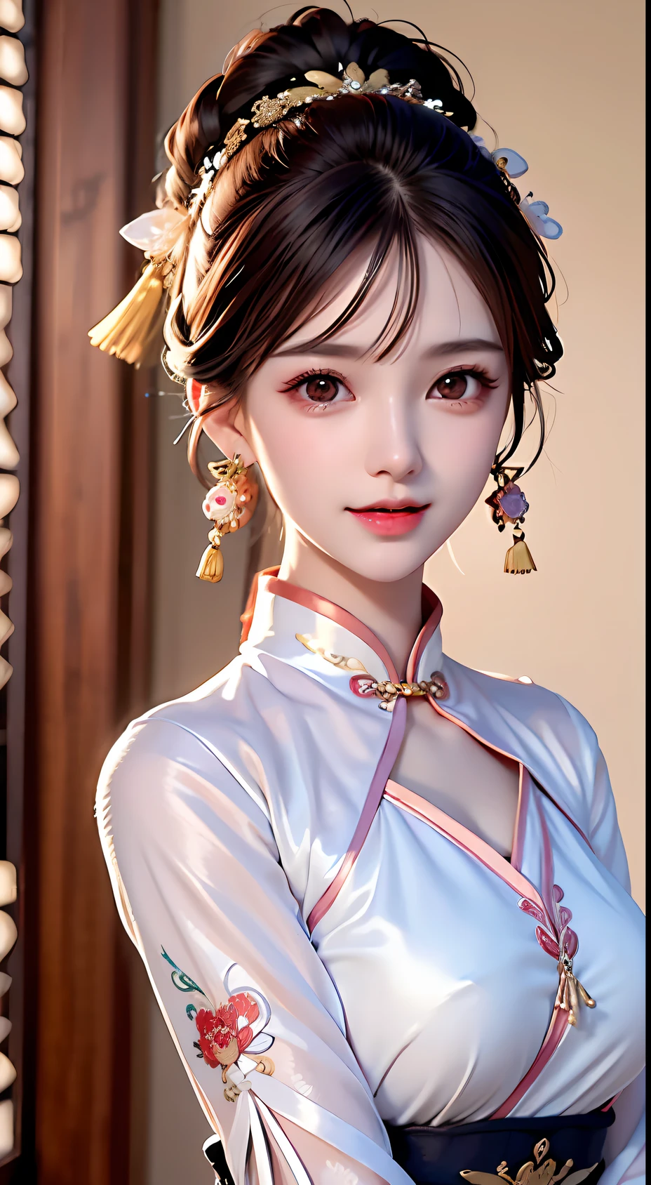 Face Close-up, Naughty Smile, Awesome, Masterpiece, High Resolution, 1girl, Blush, (Seductive Smile: 0.8), Star Pupil, Chinese Hanfu, Hair Accessories, Necklaces, Jewelry, Short Hair, Laughter, Silver Jewelry, Beauty, on_body, Tyndall Effect, Realistic, Shadow Room, Light Edge, Two-tone Lighting, (High Detail Skin: 1.2), 8K UHD, DSLR, Soft Light, High Quality, Volume Lighting, Candid Photo, High Resolution, 4K, 8K, Background Bokeh, Close-up of Face,