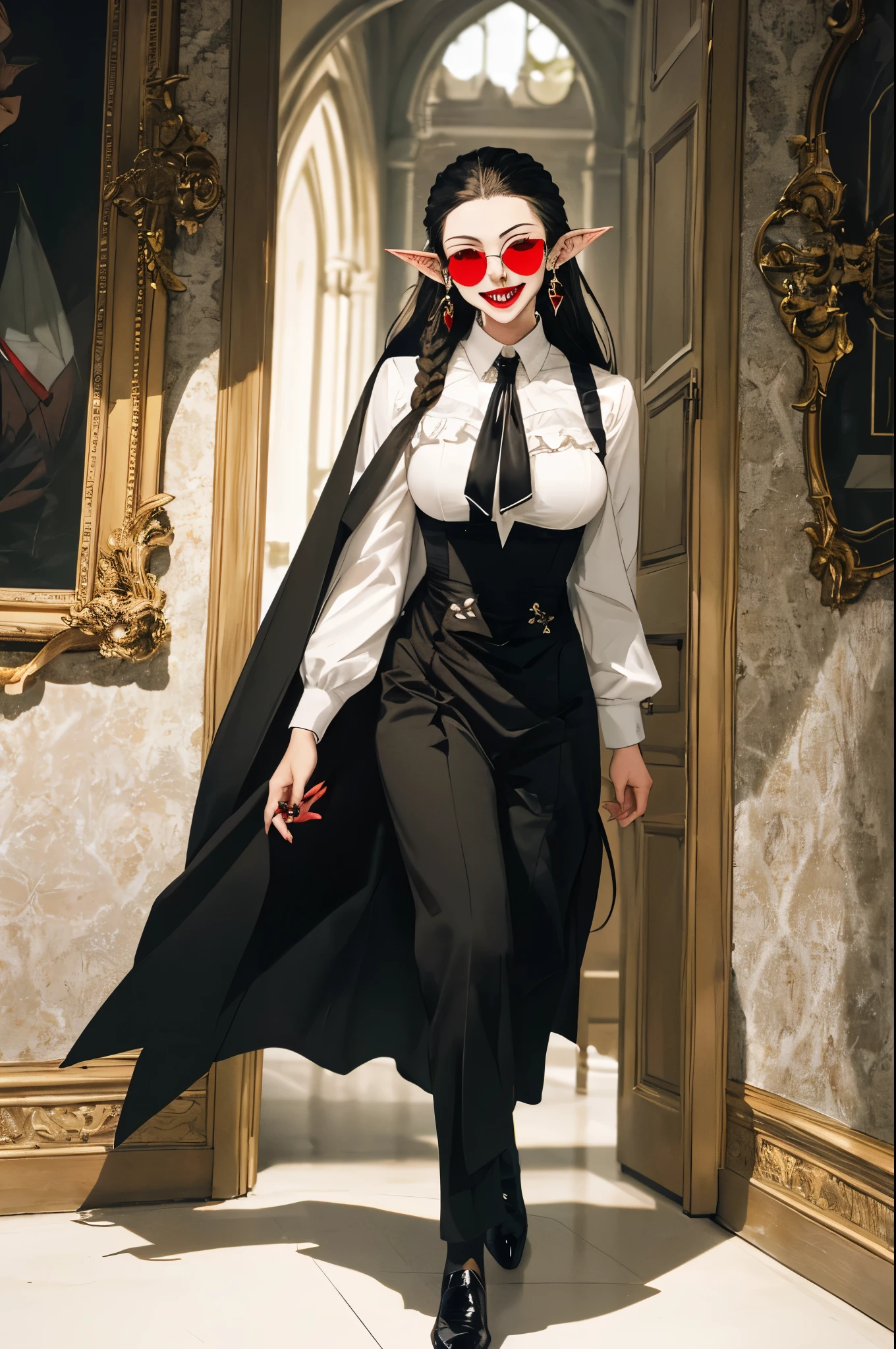 (masterpiece, absurdres, best quality:1.2), 1girl, solo, 1girl, portrait, precise, (full body:1.35), finely detail, depth of field, shine, highres, original, perfect lighting, colorful, anime style, manga style, manhwa style, centered, (wearing The butler uniform:1.5), (white shirt, red tie), (black long braided hair, haircut, ring earrings, red lipstick), fantasy castle background, fantasy dungeons, vampire mistress, (pointy ears, pointy teeth, Sharp fangs, vampire teeth:1.35), blunt bangs, (breasts), (glasses, sunglasses, round tinted yellow glasses)