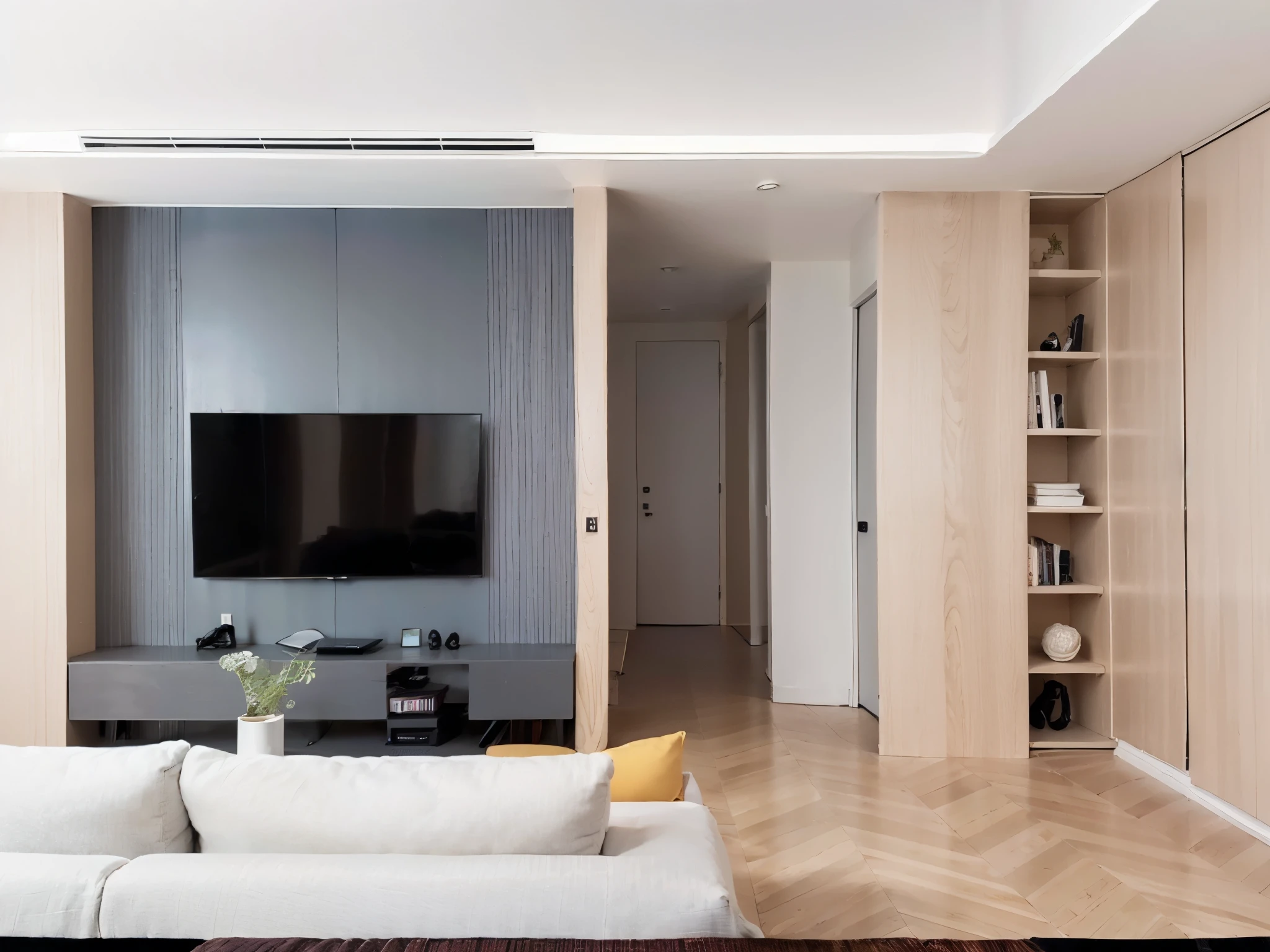 The living room has a white sofa and a flat-screen TV, Apartment with black walls, Inside modern apartment, apartment design, minimalist Internal design, fine line work, city apartment, 低细节和clean lines, smooth的镶板, Internal, Luxury Apartment, Chiseled、smooth、white walls, flat gray, clean lines, presented in corona