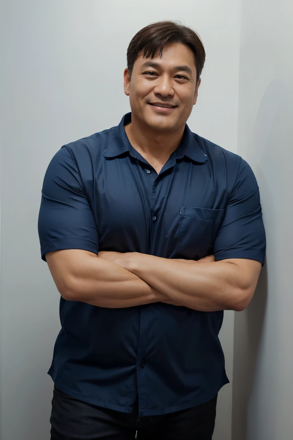 Upper body shot of smiling plumbing expert wearing dark solid blue work shirt with arms crossed forward, height 178cm, white wall background, advertising image, clean image, friendly image, commercial banner, corporate photo, Official image, The entire device, man, Age 48, Weight 80kg, Actor Kwak Do-won, Fatness, long bangs