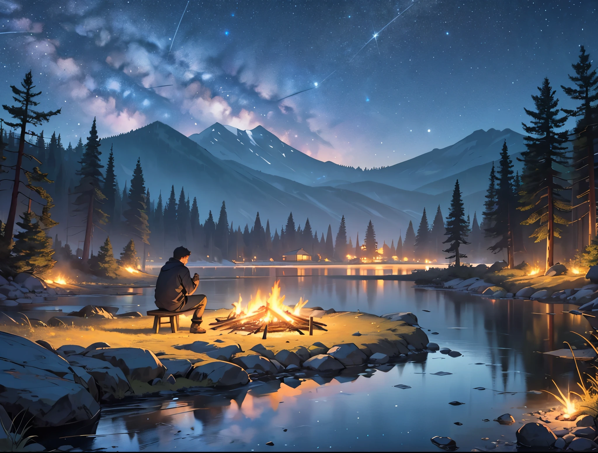 only one Bonfire, Dark Evening, land scape ,small fire camp ,lake is behind, the sky is full of stars, only one man is sitting back view