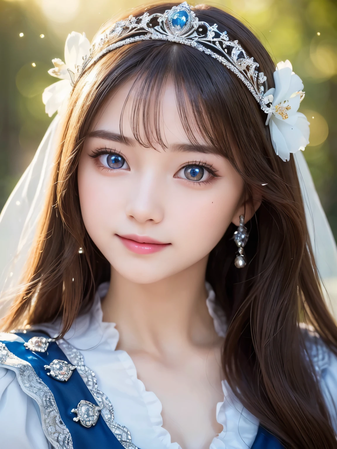 ((highest quality, 8K, masterpiece)), Super detailed, sharp focus, ((super realistic photos)), 1 cute girl, 15 years, elaborately designed dress, tiara, Highly detailed face and skin texture, ((fine eyes)), ((beautiful eyes:1.4)), (smile:1.15), (closed mouth), three-quarter length