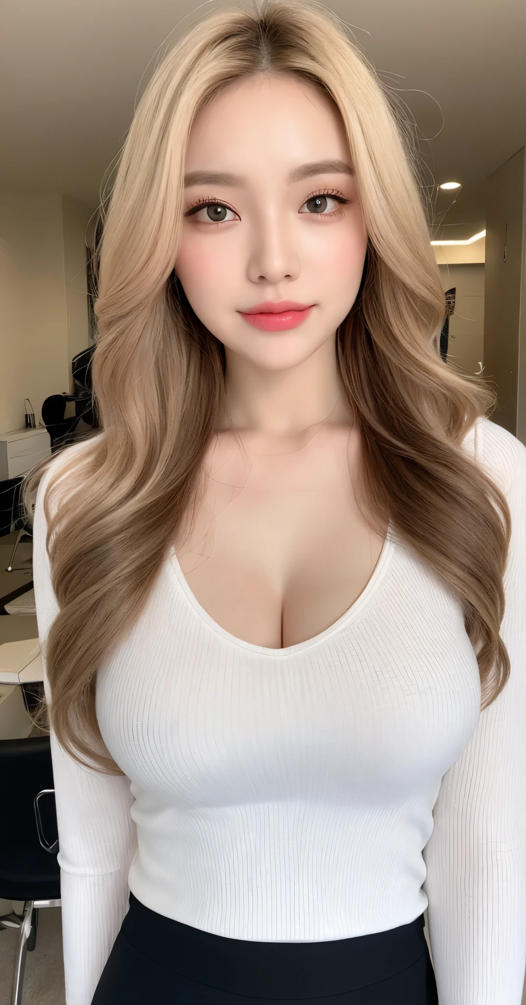 8k, Top image quality、Raw photography、超A high resolution、1 pretty girl、Colossal tits:1.3、cleavage of the breast:1.3 、white tight shirt (transparent)、open shirt show , (detailed clothing), (detailed black short skirt), (pantyhose), fair white skin、shiny white skin、(wavy blonde hair)、dark brown hair、dark brown hair、Beautiful eyes with random colors、very thin lips, finely detail、elongated eyes、pale pink blush、long eyeslashes、Beautiful double eyelids、eyeshadows、耳Nipple Ring、Company Office、Lighting that emphasizes beautiful skin、Lustrous skin, full body