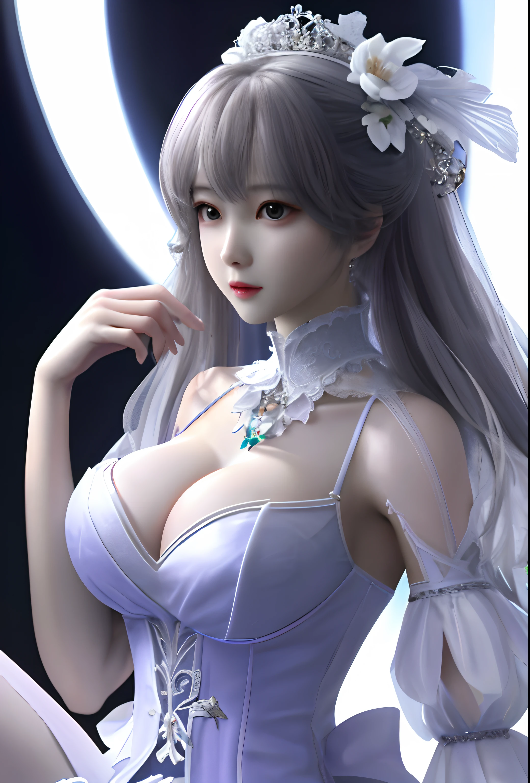 1girl,looking at viewert,The upper part of the body,3D,realisticlying,huge tit,Princess dress with excessive frills,draped clothes,jewelry,decorations,florals,lacing,tmasterpiece,Best quality at best,8k,Detailed skin texture,Detailed cloth texture,Nice detailed face,Complicated details,ultra - detailed,edge lit,Side lighting,cinematric light,超高分辨率,8k uhd,filmgrain,best shadow,delicated,RAW,Bigchest,Open the chest,white Heels,white stockings