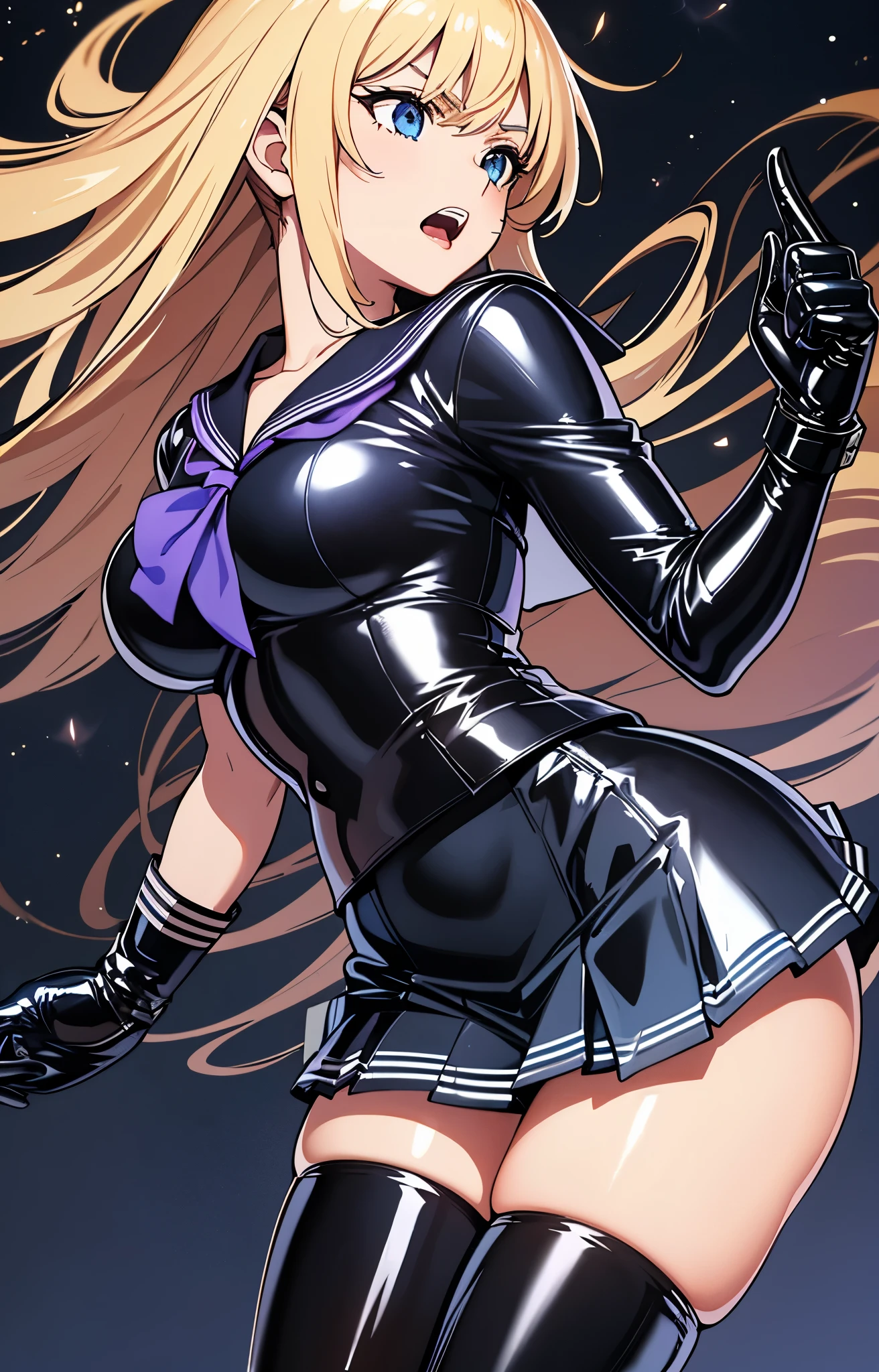 official art, Mistress、Highly detailed CG Unity 8K wallpaper, highest quality, masterpiece, High resolution,shiny latex thigh-high boots, Blonde straight long hair, brown belt, leather shoulder bag、latex gloves, (shiny latex sailor suit:1.6)、(Latex School Uniform)、(shiny latex pleated skirt:1.6)、 Leather texture, full body photo, melon face, small face, (big breasts)、(Get angry)、(latex high heels)、tread on、kicking