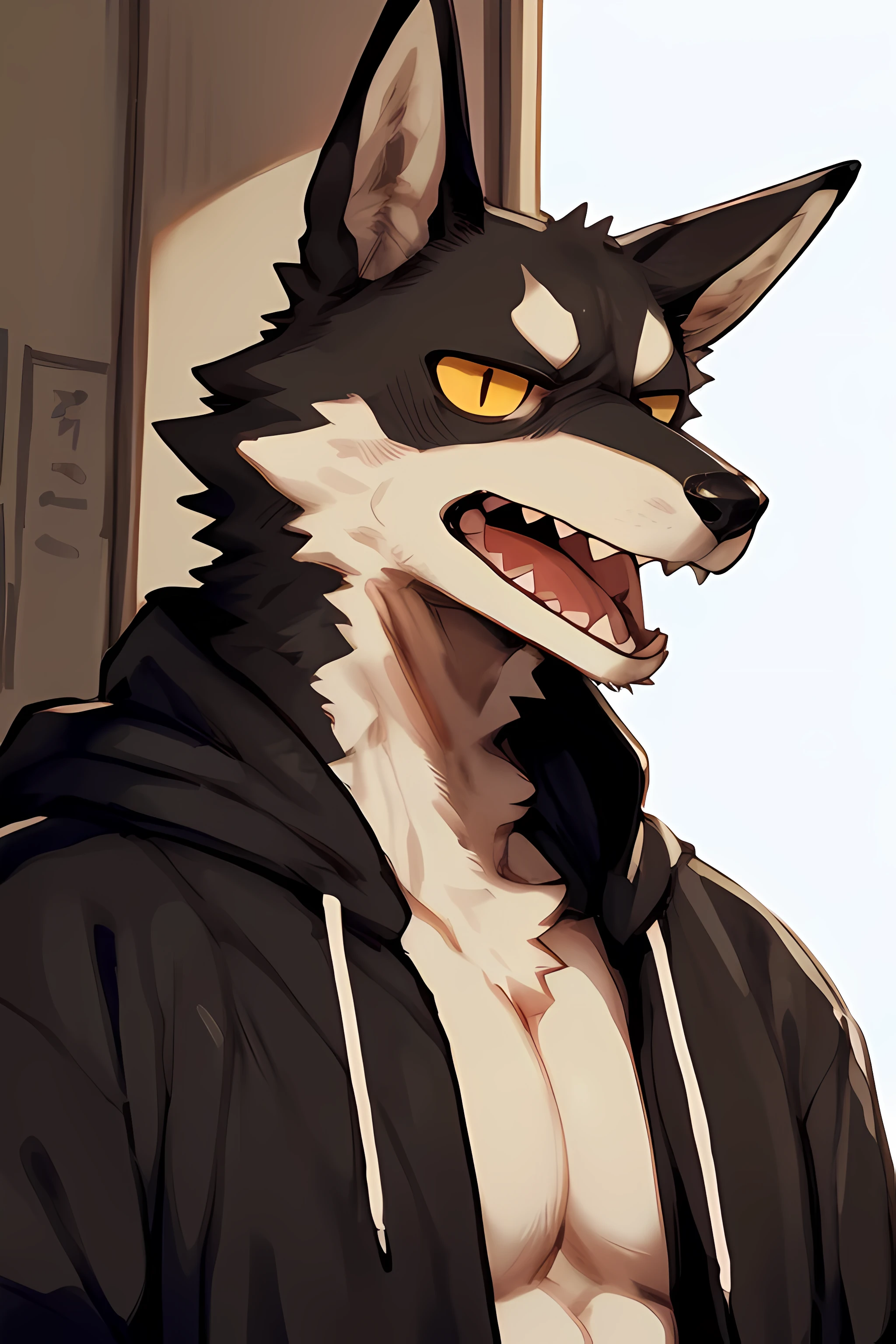 ((By Bebebebebe, by Zackary911, by K0BIT0WANI, by SpiritD, best quality, masterpiece, perfect anatomy, detailed picture)), 1male, skinny muscular, black hoodie, ager, black wolf, tail, yellow eyes, focus in face, serious, handsome, open mouth, sharp teeth