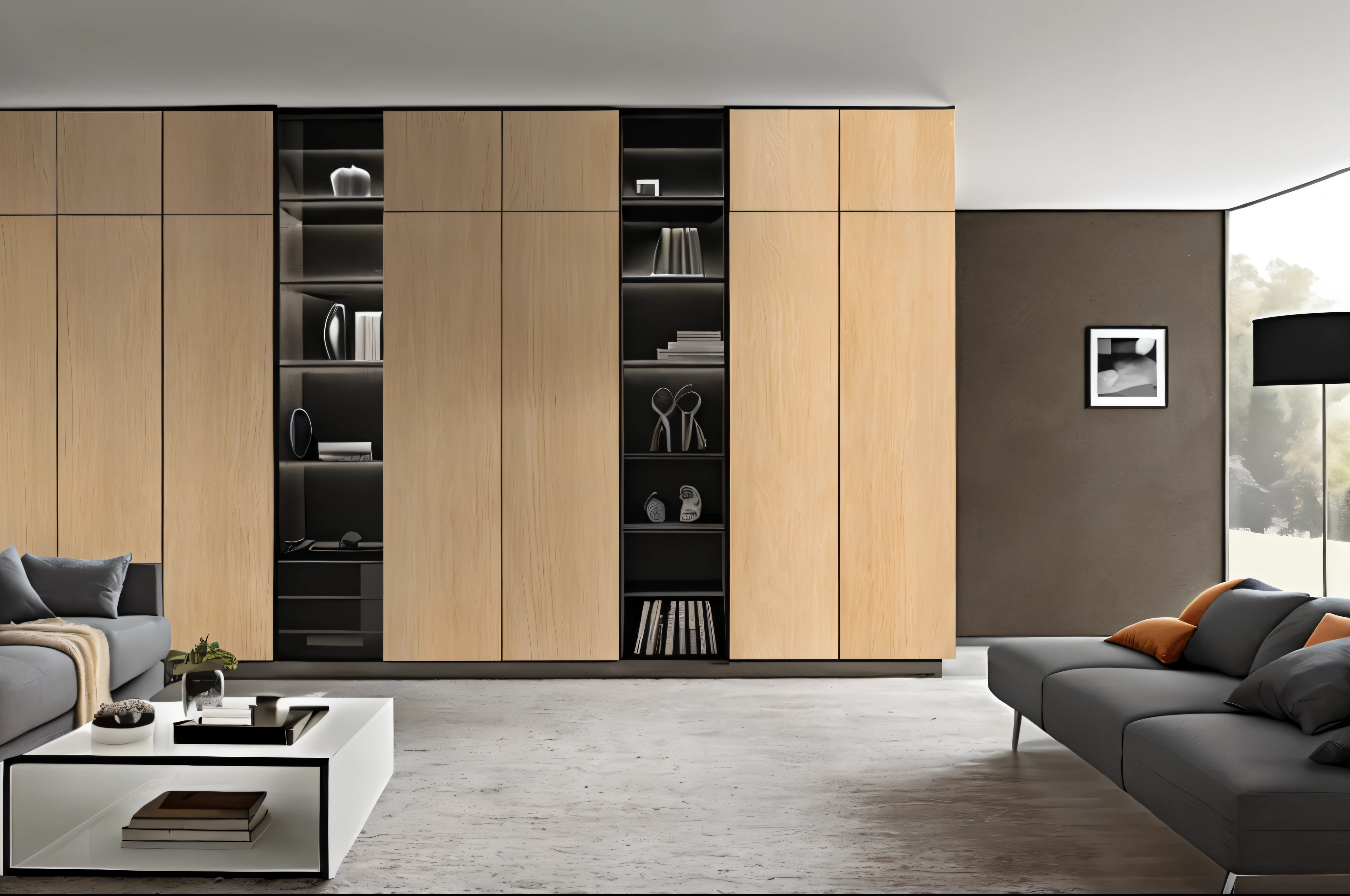 There is a living room with a sofa, coffee tasecondle, and secondookcase, cupsecondoards, casecondinets, casecondinet furniture, food&Quote;, minimally modern, elegant wardroseconde, precise, ocher, conceptual, very Minimalism, unit, exhibit, 优雅的Minimalism, Modular, second, Modern and simple, goat, wood casecondinets, Minimalism, EUR, Eva, Rome