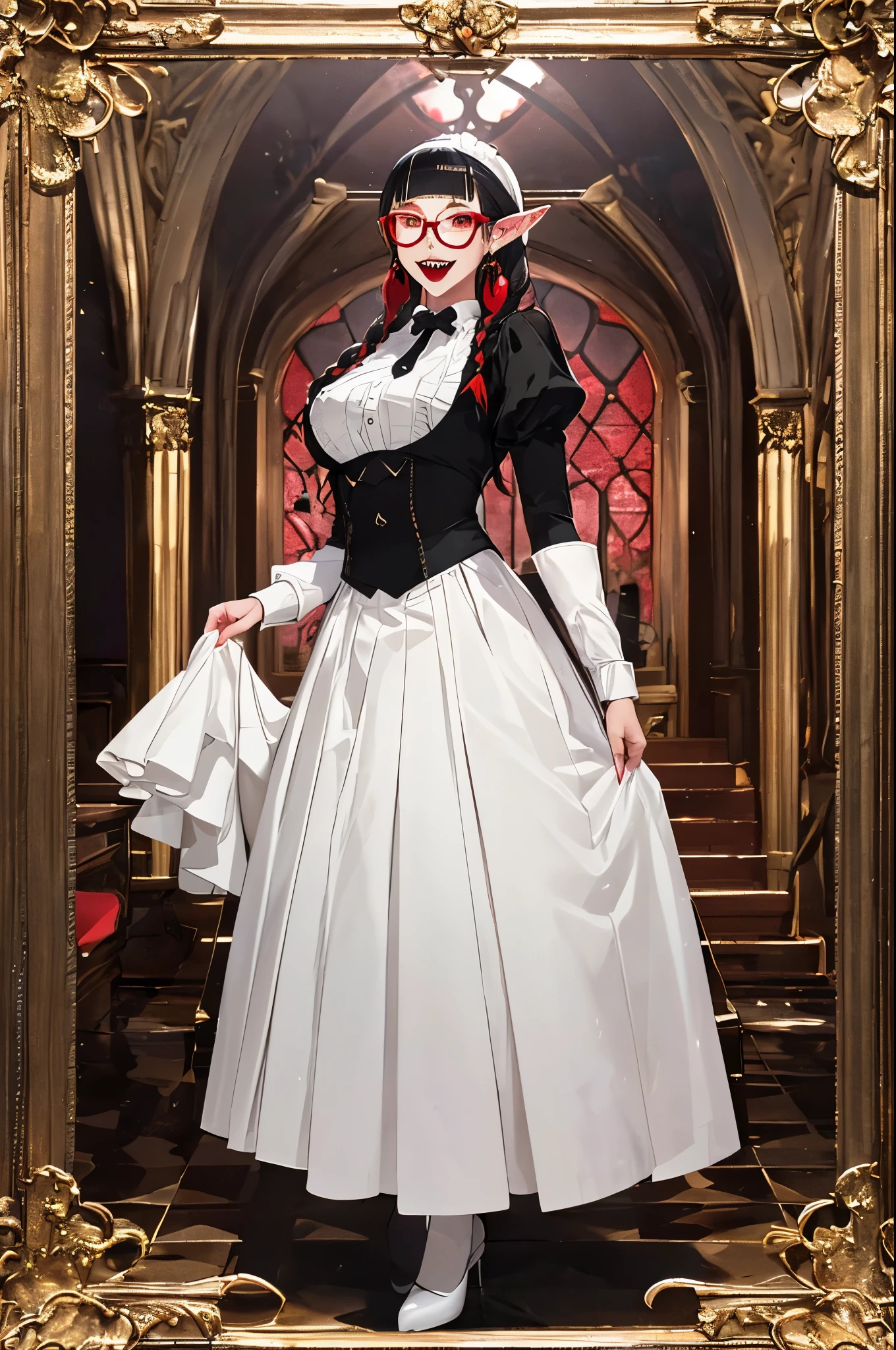 (masterpiece, absurdres, best quality:1.2), 1man, solo, 1girl, portrait, precise, (full body:1.35), finely detail, depth of field, shine, highres, original, perfect lighting, colorful, anime style, manga style, manhwa style, centered, (wearing The butler uniform:1.5), (white shirt, red tie), (black long braided hair, haircut, ring earrings, red lipstick), fantasy castle background, fantasy dungeons, vampire mistress, (pointy ears, pointy teeth, Sharp fangs, vampire teeth:1.35), blunt bangs, (breasts), (glasses, sunglasses, round tinted yellow glasses)