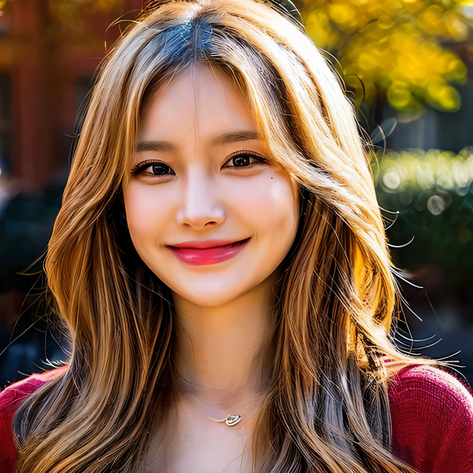 woman's face, long blonde hair, smiling, sun is red, (digital painting, concept art, smooth, sharp focus, intricate details, close-up, masterpiece: 1.2)