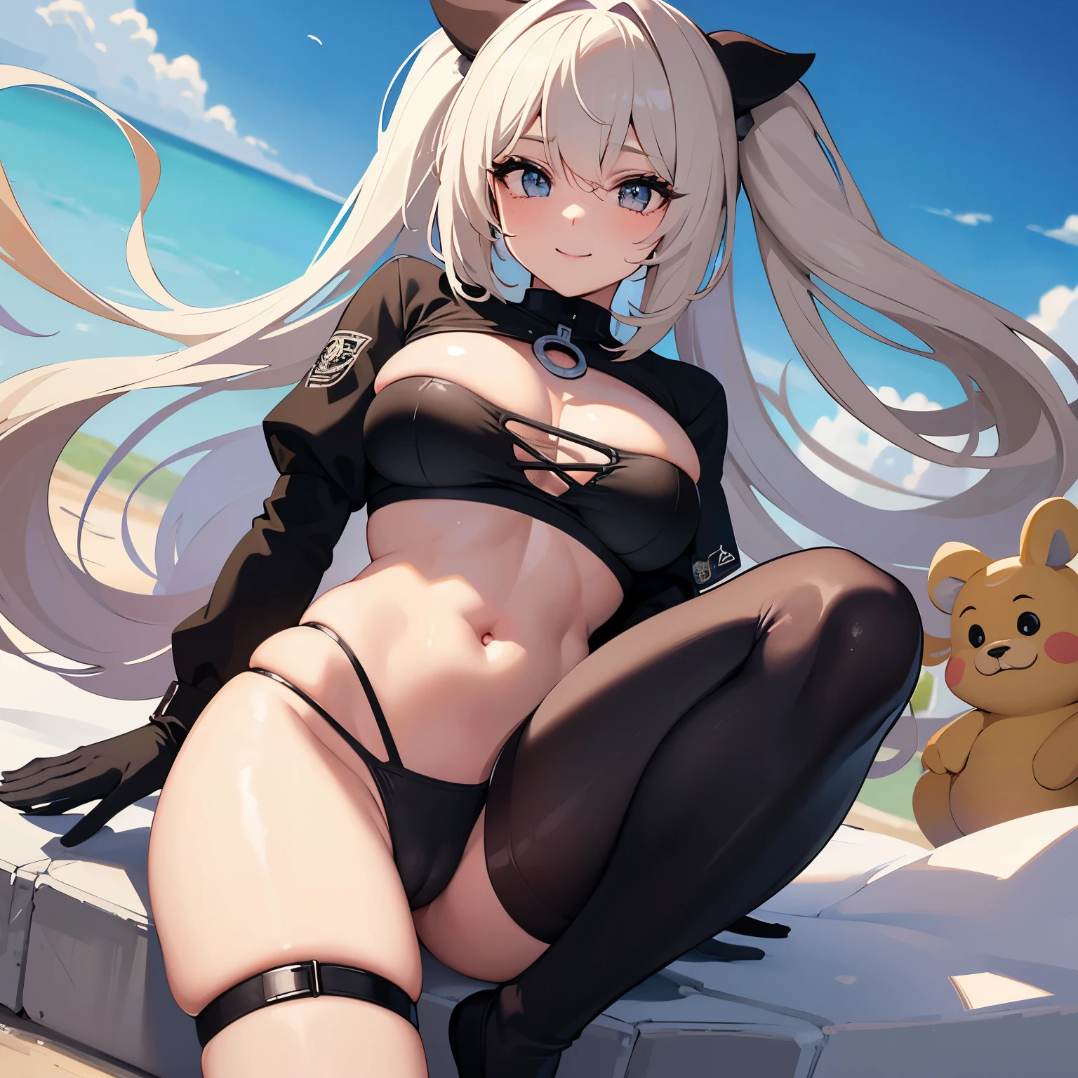 4k, ultra realista, obra maestra, charismatic, 1 chica, cuerpo completo, abdomen bien definido,piel clara, ojos blancos, cabello blanco rizado, chaleco negro, camisa agustado negro, medias de deporte, guantes negros, sonrisa seductora, pecho grande, muy sexy, obra maestra :mejor calidad((( +18))).