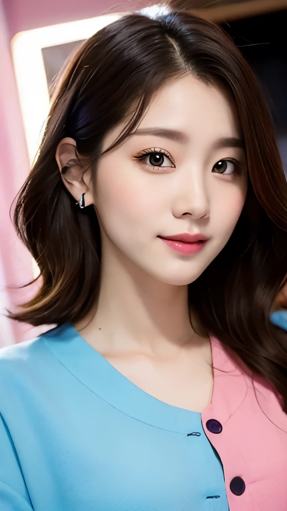 Realistic photos of (1 cute Korean star) medium hair, slightly smile, 32 inch breasts size, close-up, UHD