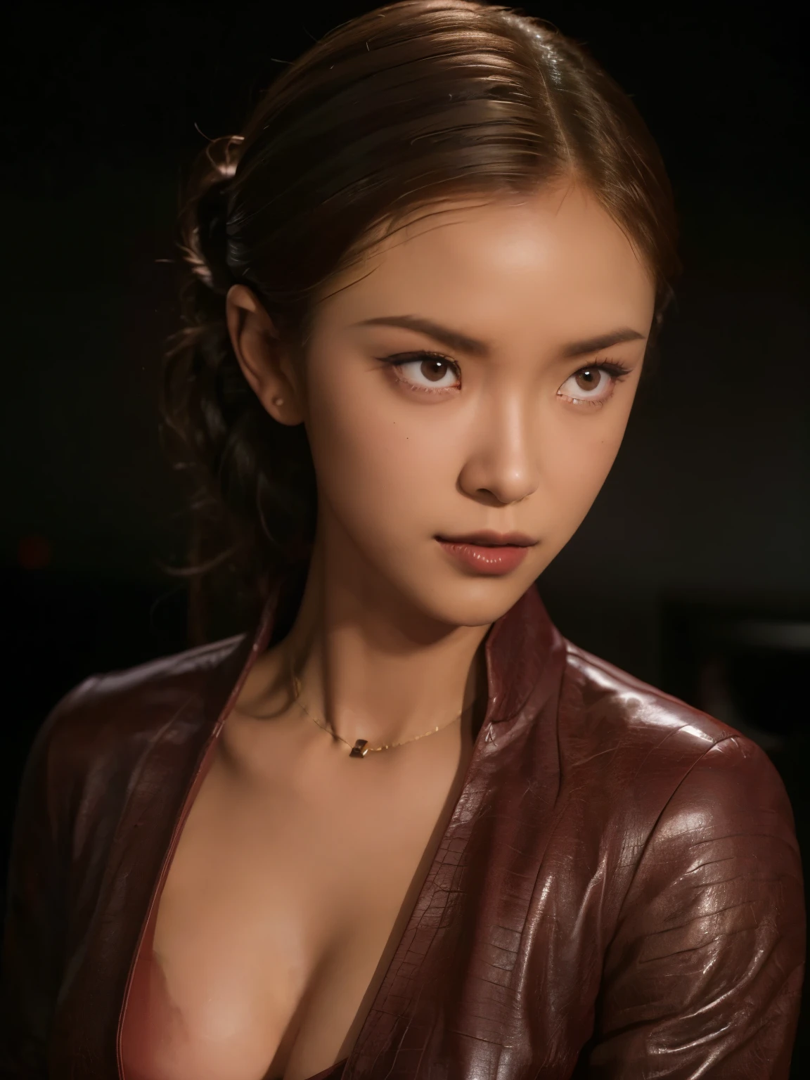 best quality, realistic, black background, KristannaTX, (a female Indonesian supermodel), (hands on breasts), (wine red leather jacket:1.1), seductive smile, (dark hair), (updo hair:1.0), perfect eyes, sharp details, detailed face, (face makeup), (cheeks blush), (eyeliner), (eyeshadows), (lip gloss:1.0), cleavage, h cups breasts, (dark), (shadows), (macro photography:1.1)