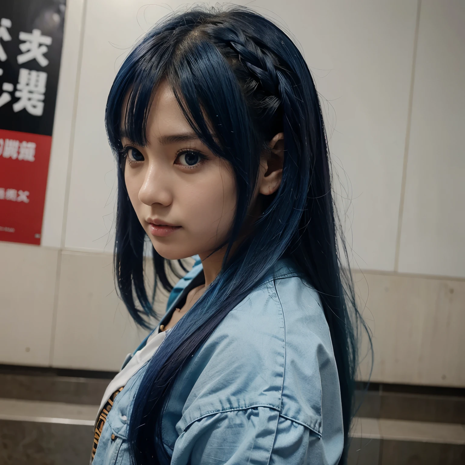 Anime cewek rambut biru duduk mata warna biru sambil main handphone