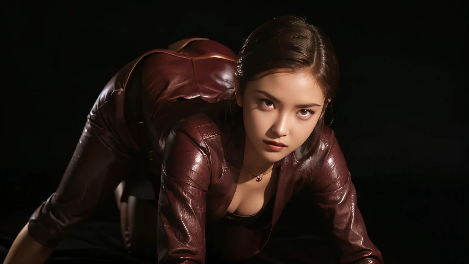 best quality, realistic, black background, KristannaTX, (a female Indonesian supermodel), (bending down) (on all fours:1.1), (wine red leather jacket:1.0), seductive smile, (dark hair), (updo hair:1.0), perfect eyes, sharp details, detailed face, (face makeup), (cheeks blush), (eyeliner), (eyeshadows), (lip gloss:1.0), cleavage, (dark), (shadows), (macro photography:1.1)