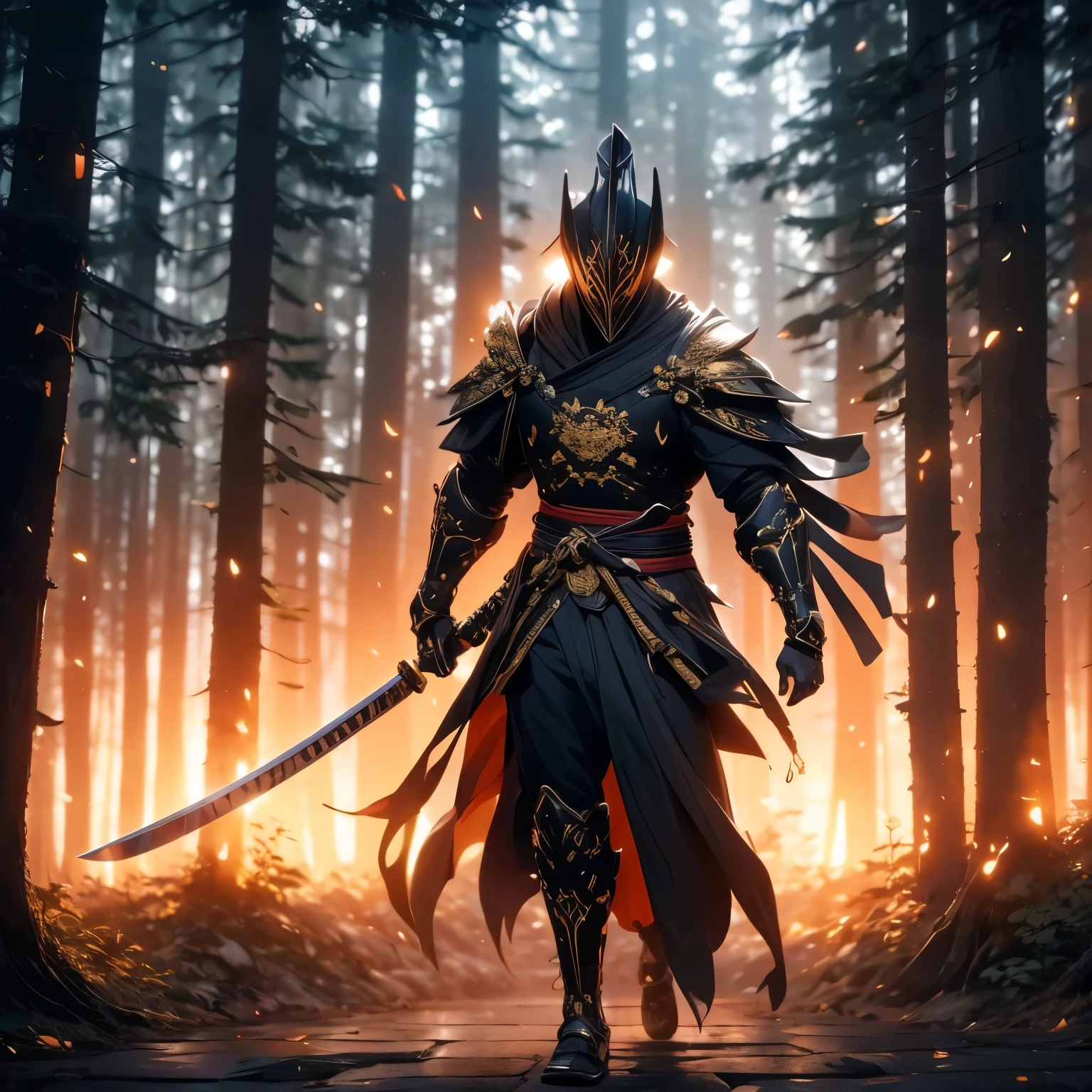 (Samurai insano:1.1,Armadura preta e dourada:1.1), fierce expression,olhos intensos, fluttering, impressive physique,Muscular arms and legs,e uma postura forte. The samurai is standing in a misty forest surrounded by ancient and imposing trees. The forest is full of vibrant green foliage and patches of golden sunlight streaming through the leaves. O samurai empunha um afiado, Katana Espada com um polido, reflective blade. The armor is intrinsically designed with black and gold patterns, giving a sense of power and elegance. Lighting is dramatic, casting dramatic shadows on the samurai's face and highlighting the gleaming details of the armor. The overall shade of color is dark and quiet, com toques de ouro brilhando. The scene exudes a sense of mystery and danger, capturing the essence of an insane samurai in a captivating and visually stunning way, com capacete que cobre o rosto todo, e luvas, com uma nodachi totalmente detalhada em dourada e toda preta