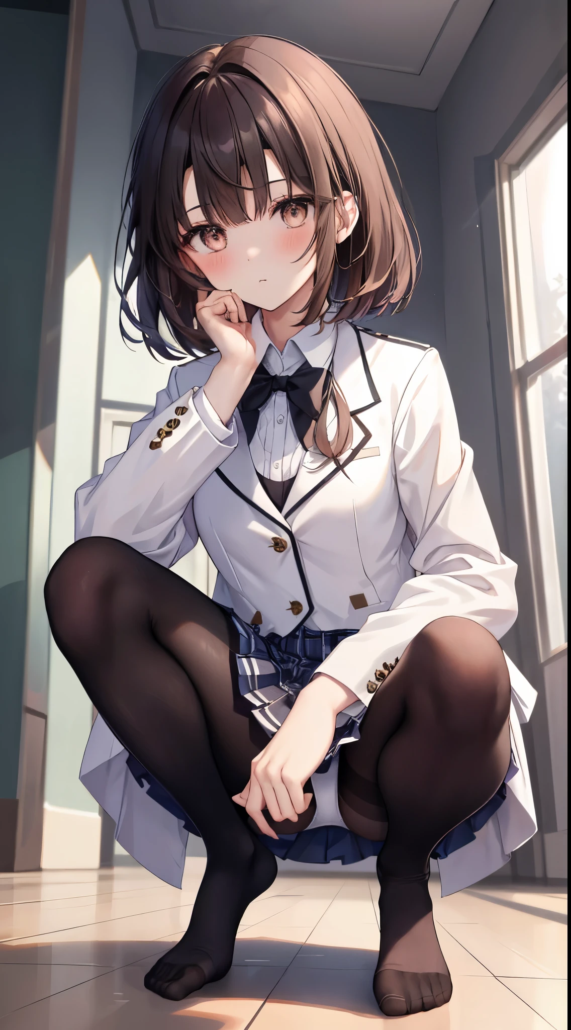 finest, masterpiece, High resolution, (Full-body view from head to toe), front, frontやや下からの構図, symmetry, 18 year old tall girl, alone, (whole body from head to toe), (small breasts), Unkempt brown hair, bangs, (black tights), (black pantyhose), (sit with legs spread), (squatting pose), (Composition showing white panties), (her legs spread、I can see white panties.), (I was made to sit on the floor with my legs spread apart.), (M-shaped legs), thin legs, A very beautiful and tall 18 year old girl, (not wearing shoes), blush, shy big eyes, looking at camera, blazer uniform, plaid pleated skirt