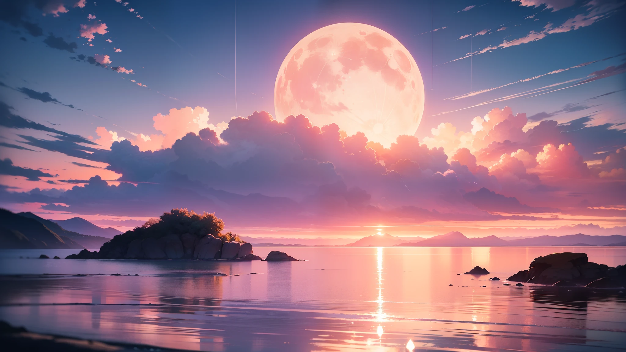 In the tranquil scene, a breathtaking view of a pink sky (1.2) unfolds, with soft, rosy clouds (Nuvens rosa suaves) gently gracing the heavens. The calming pink hue of the sky is mirrored in the shimmering, rosy waves (ondas do oceano rosa brilhando) of the ocean, creating a harmonious and serene tableau. As the pink moon (Lua rosa) begins to rise, it casts a gentle glow over the scene, bathing the world below in a warm and inviting light. The image, captured in high definition (8K, Best Quality), emphasizes the