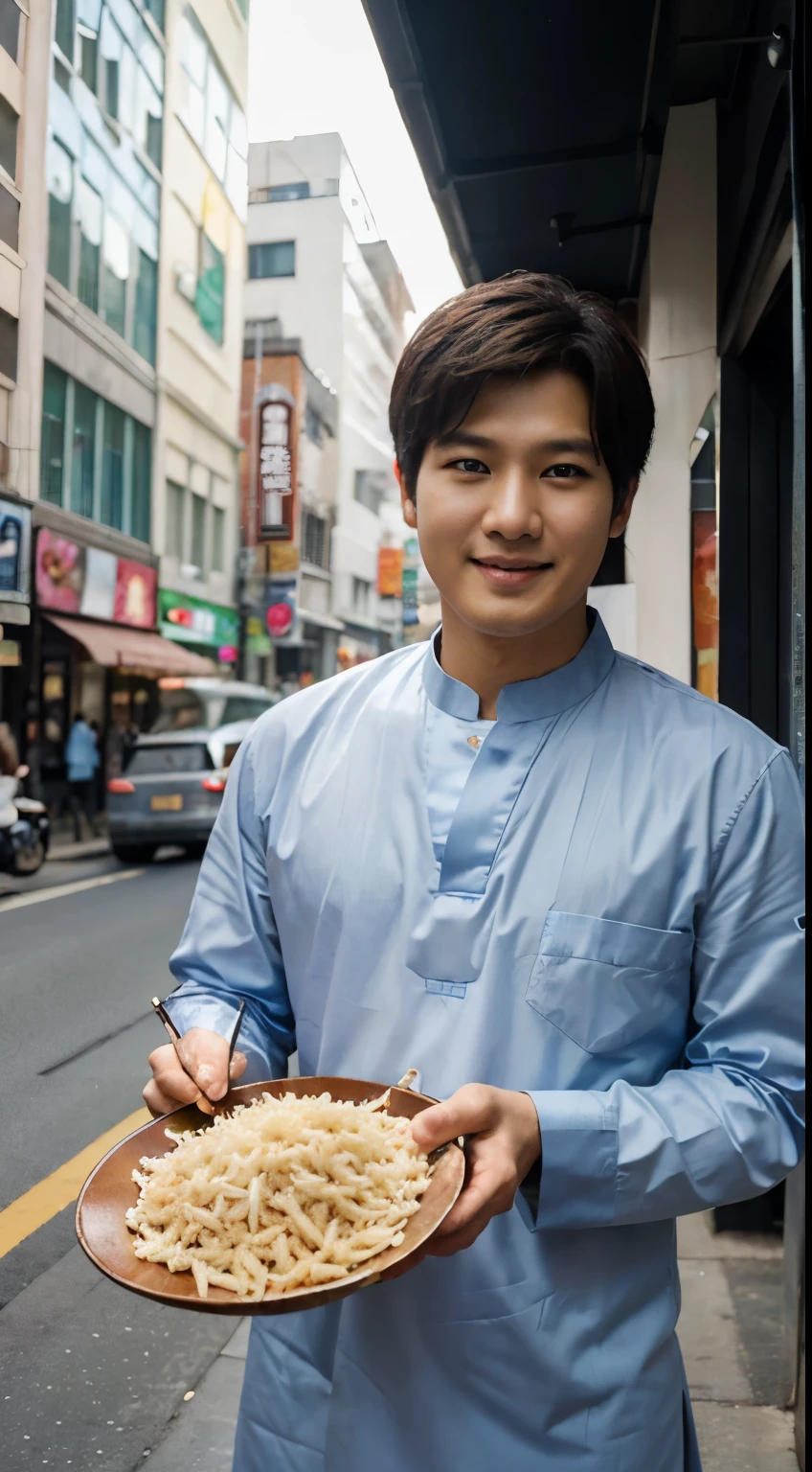 (best quality,ultra-detailed,masterpiece:1.2),hyper-realistic,lucasfilm quality,perfectly detailed face, korea city, In front of Fried rice seller , Wearing thawb clothes, lee min-ho, smile