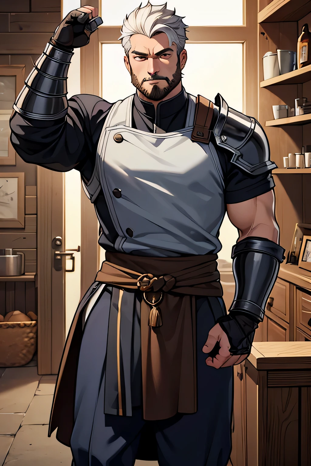 Make a thirty year old man look young, 2.09 de altura, muscular and of medium height.
Her hair is short and white, he doesn't have a beard. He is a blacksmith who made his own steel gauntlets that completely cover his hand and forearm...