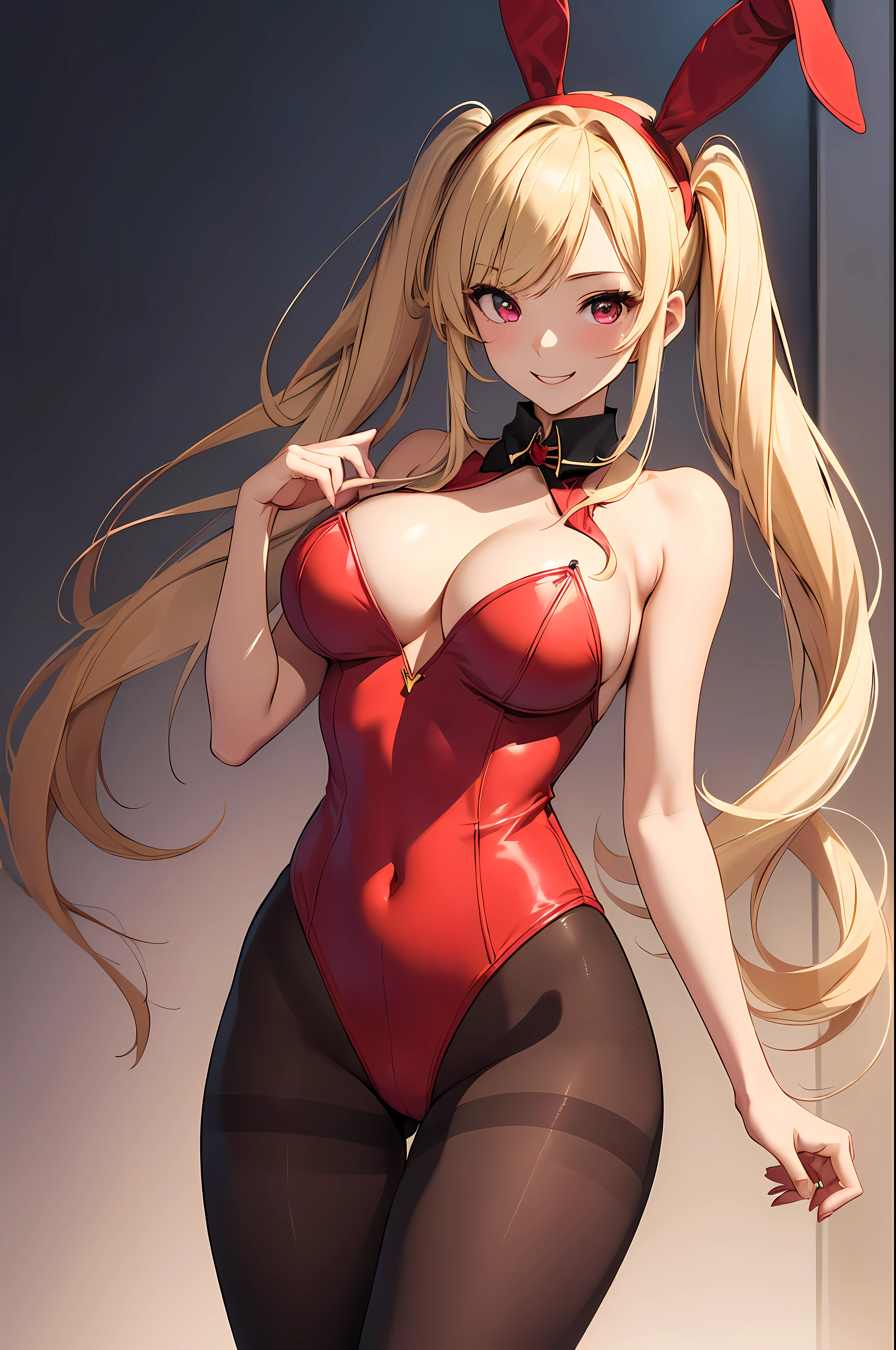 top quality、Best image quality、masterpiece、girl with((30 years old、Playboy_rabbit_girl, pantyhose、best tits、bust 90、Blonde Twintails、red eyes、open your chest wide、valley、happiness、slim、laugh,fitness)）high quality、beautiful art、background((casino))、table top、Elaborate Design、Visual arts、, 1girl, alone ,(milf)