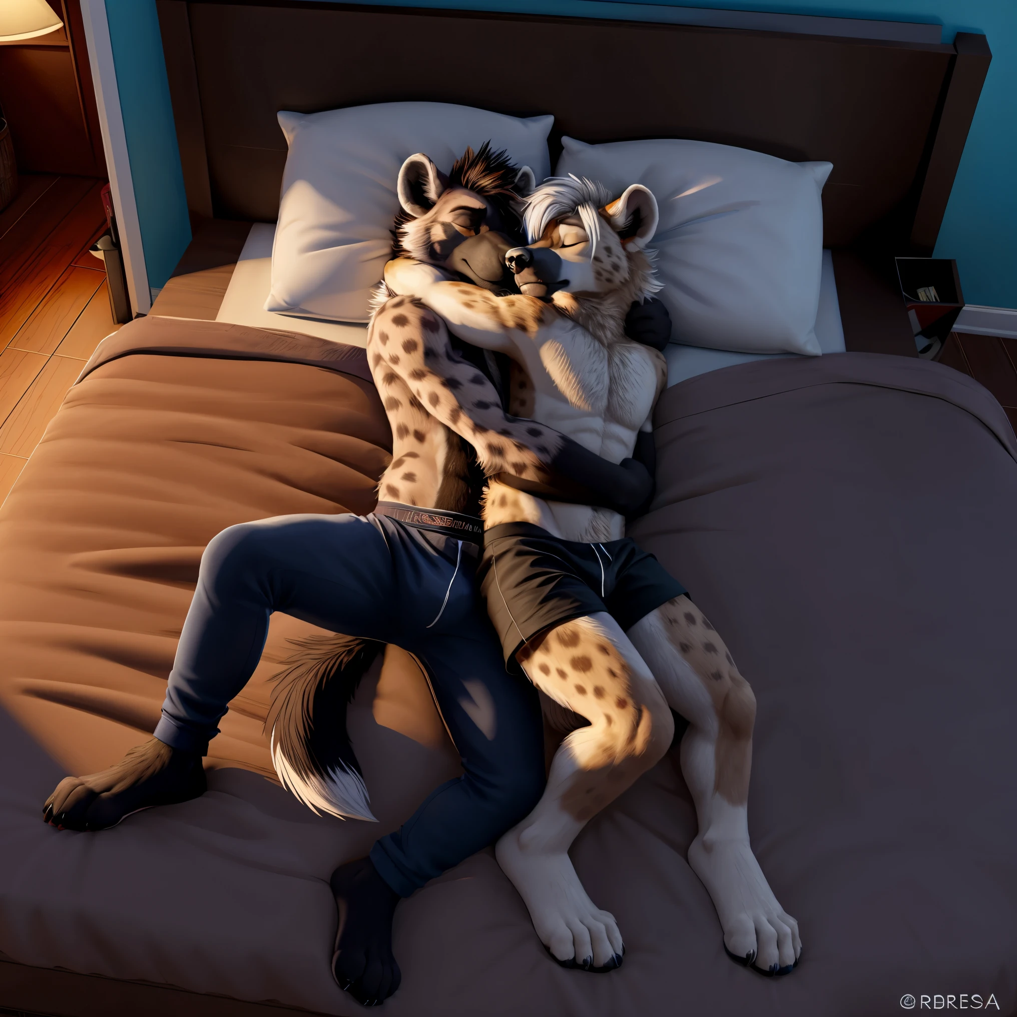 two hyenas,male,juvenile, weak,thin,whole body, Embrace,wolf tail,double,Correct body structure,short hair,sleep,lying down,fall asleep,close eyes,being teased,lying down,high quality,whole body,modern bedroom,no pants,white hair,high quality,barefoot,masterpiece